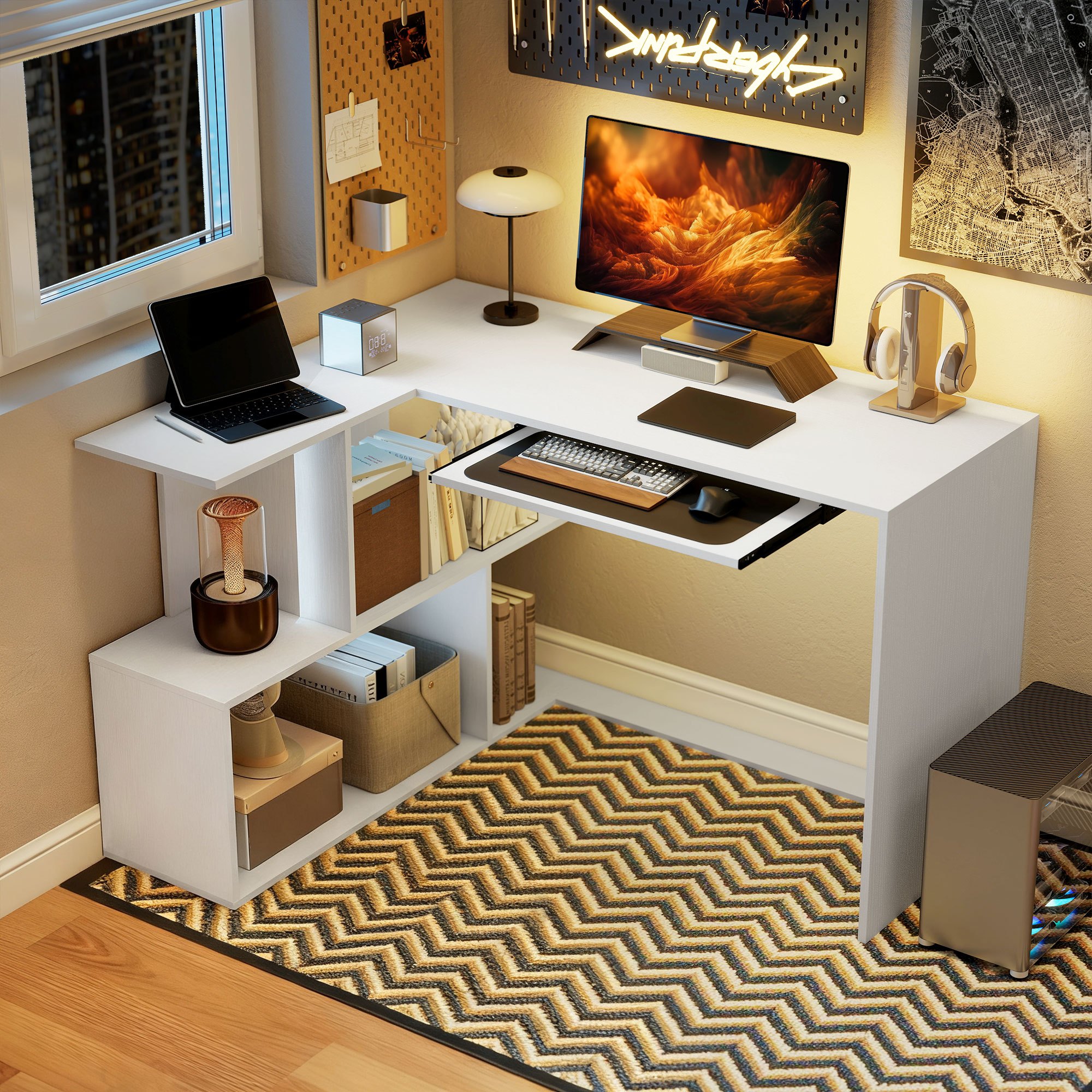 scrivania angolare, 120x100cm scrivania ad   con ripiano scorrevole per tastiera e 4 ripiani portaoggetti, tavolo salvaspazio ad l per computer, ufficio, studio, camera da letto,   Dettagli dell'articolo 0