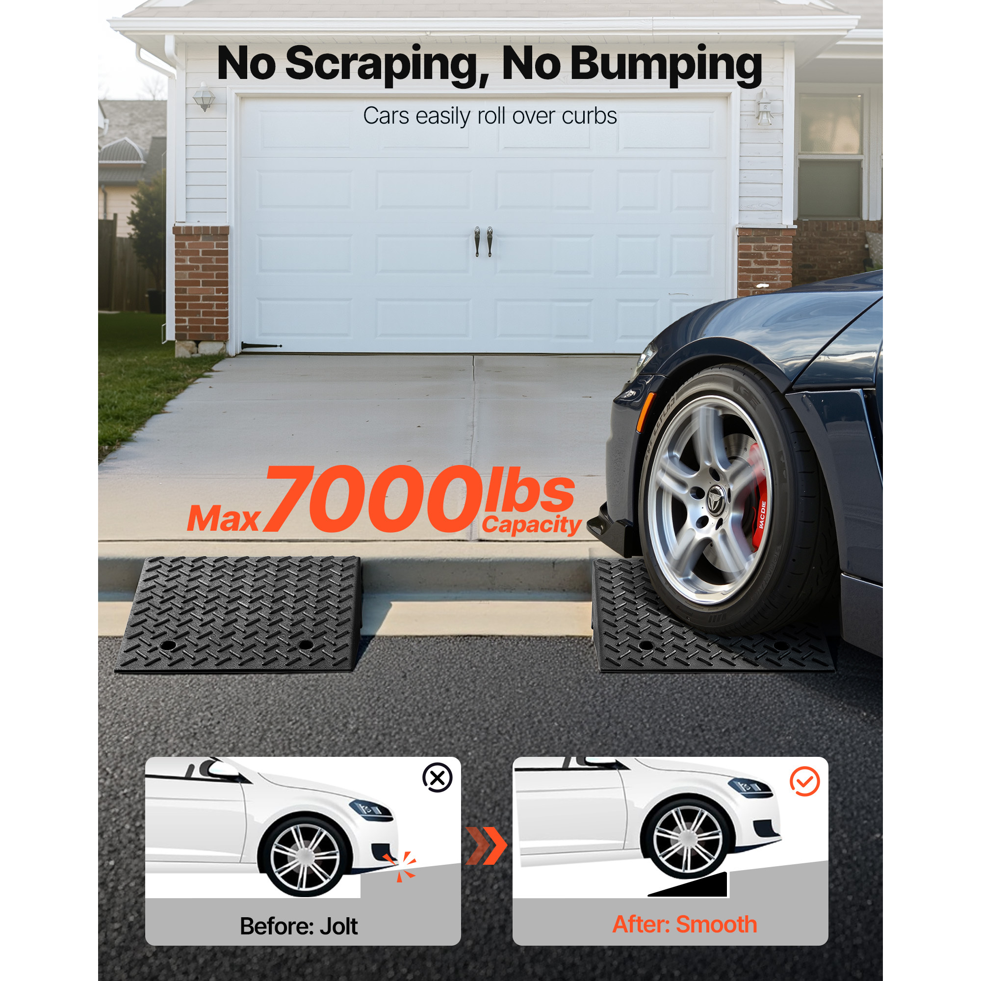 Image of Vevor Driveway Curb Ramp, 3.175 Load Capacity, 17.8 Cm Rise Height Heavy Duty Bridge Ramp With Drainage Tank For Wheelchairs, Strollers, Motorcycles, Cars, Lawn Mowers & Trailers, 2 Pack