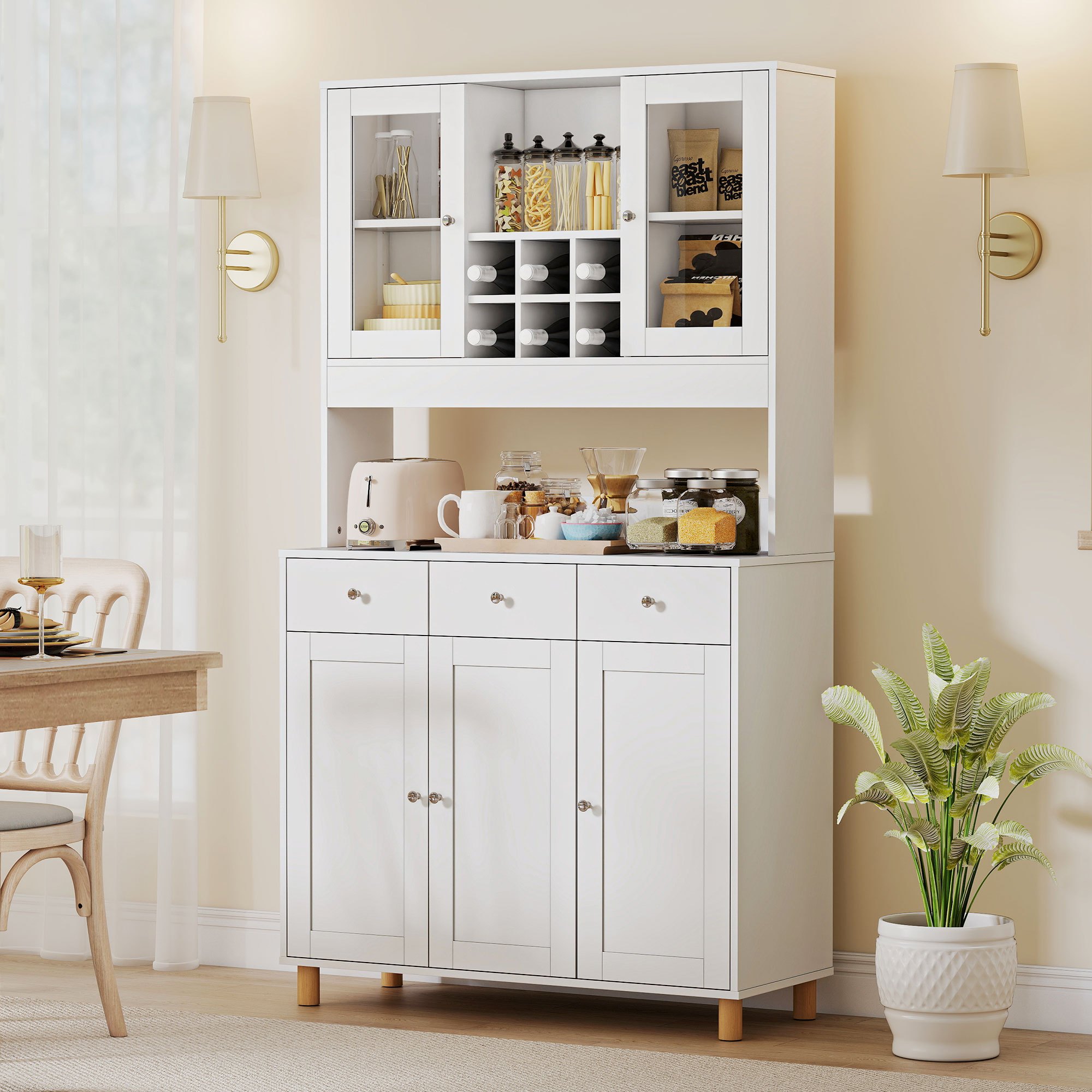 Image of Kitchen Cabinet, Buffet Cabinet With Adjustable Shelves, , Drawer, Pantry Cabinet With Worktop, Wine Racks, Tall Cabinet With 2 Glass Doors, 100 X 40 X 180 Cm, White
