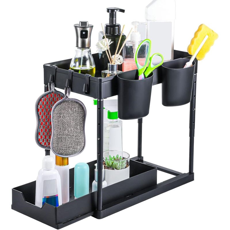 TEMU Étagère de Rangement Sous Évier Cuisine – Organisateur Rétractable à Double Niveau avec Tiroir Amovible, Crochets et Gobelets – Idéal Cuisine,