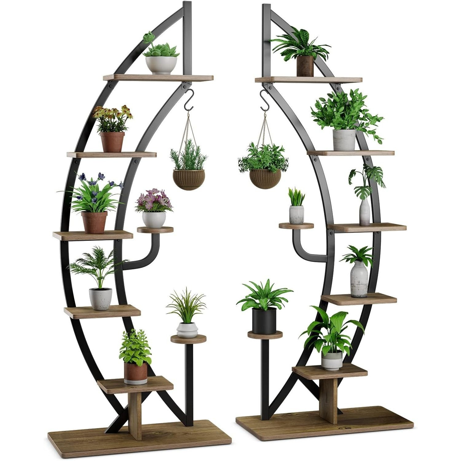 2pcs Of 7 Tier Metal Plant Stand, Half Moon Shape Flower Shelf With Hook, Anti-tip Device For Balcony