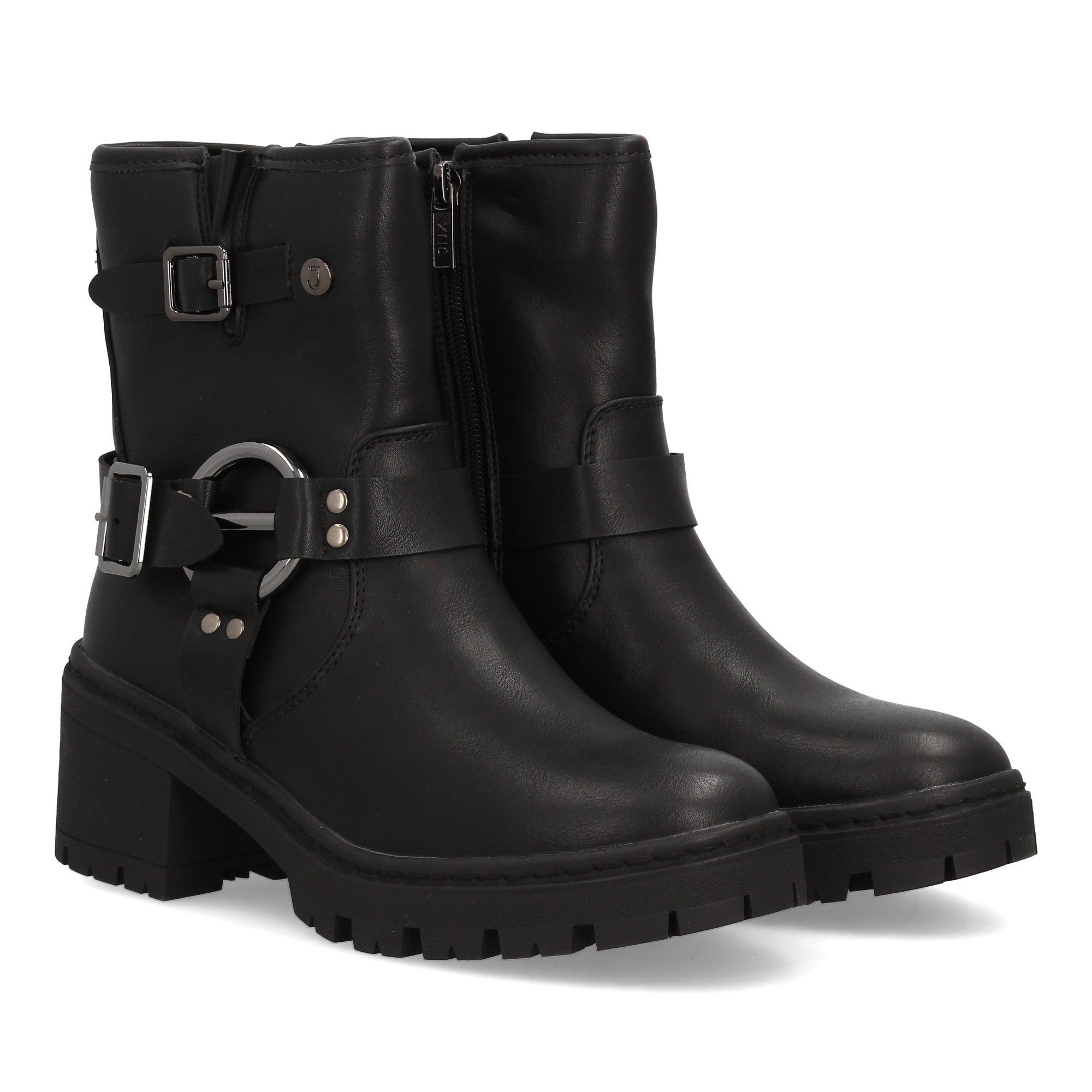 Women's Biker-style Boot With Mid-calf Height And Lateral Zipper Closure. Double Decorative With Metal Rings. Thick Sole With Wide Heel. Ideal For Autumn Winter.