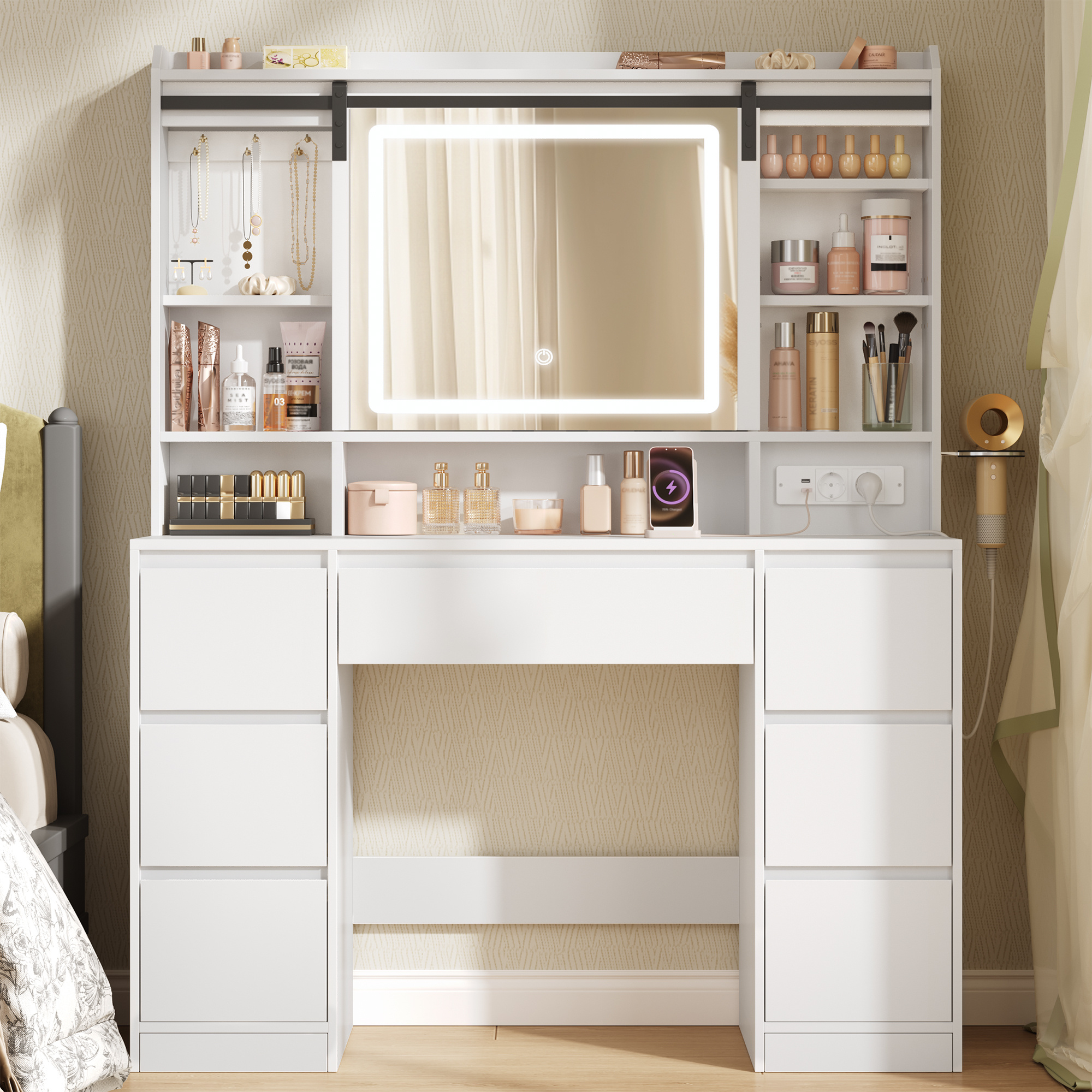 TEMU Led Makeup Vanity With 3 Light Colors, Sliding Mirror Makeup Table, Multi-outlet Power Strip, 7 Drawers, Open Compartments, 40 × 108 × 148.6 Cm,
