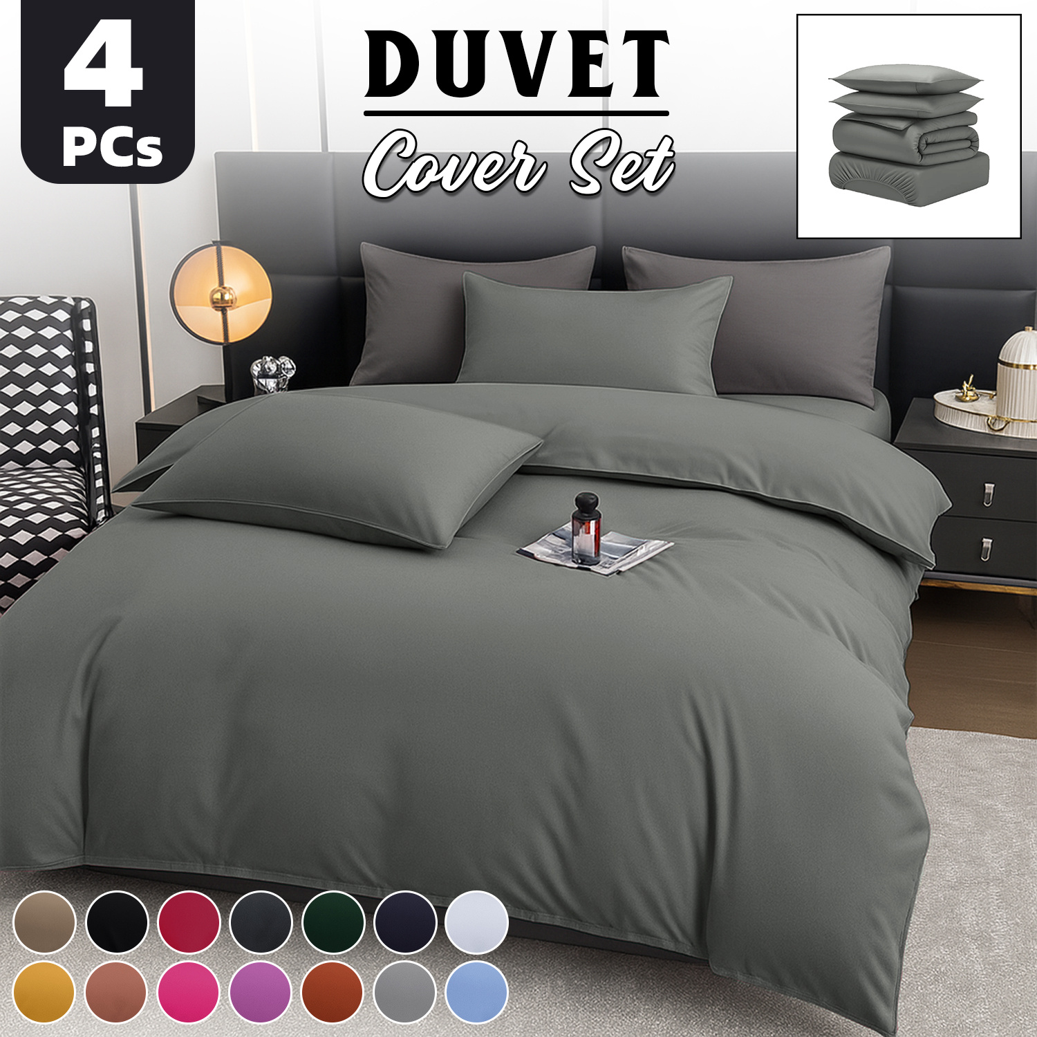 4pcs Brushed Solid Color Duvet Cover Set, Ultra-Soft & Breathable Microfiber, Includes 1pc Duvet Cover, 2pcs Pillowcases, 1pc Fitted Sheet, Single, Double, King, Super King Sizes