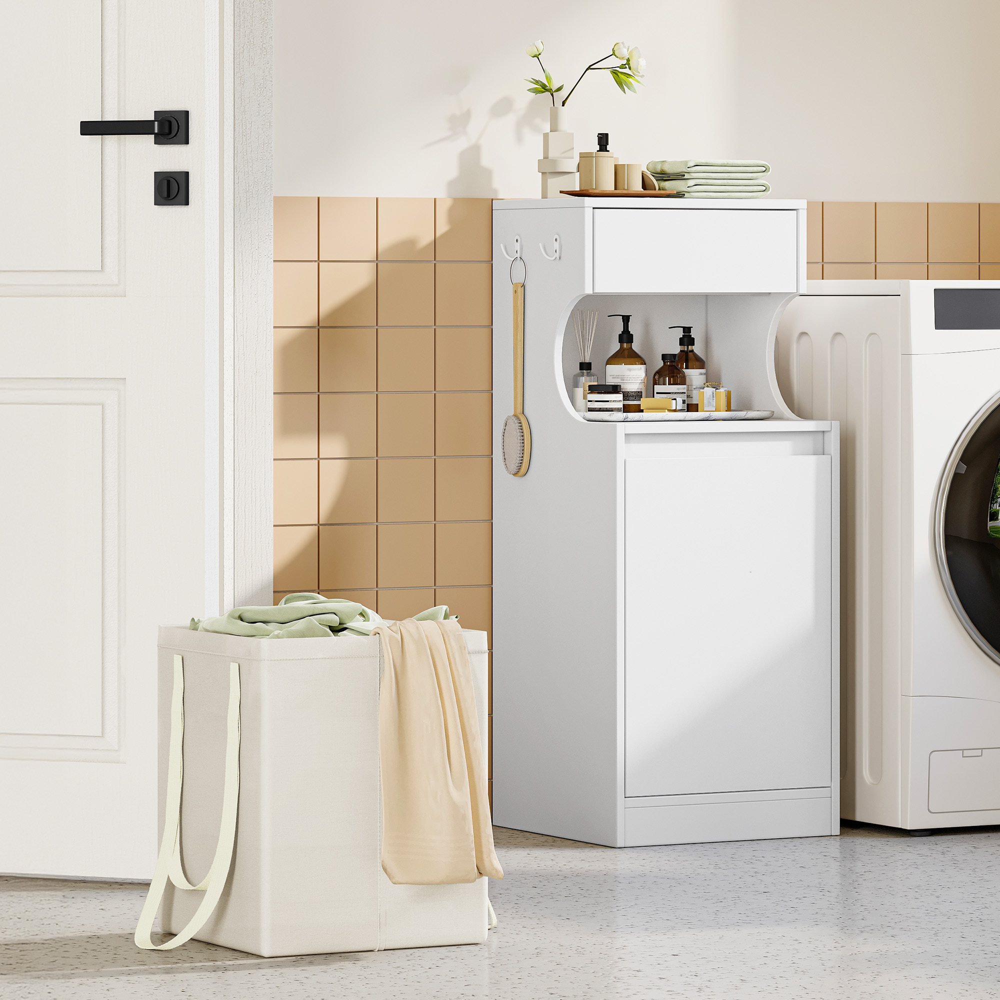 Image of Wardrobe With 1 Drawer And Open Storage Space, Bathroom Cabinet Laundry Basket, Laundry Collector Bathroom Cabinet, Laundry Bag Inner Pocket With Handles, 40 X 40 X 100 Cm White