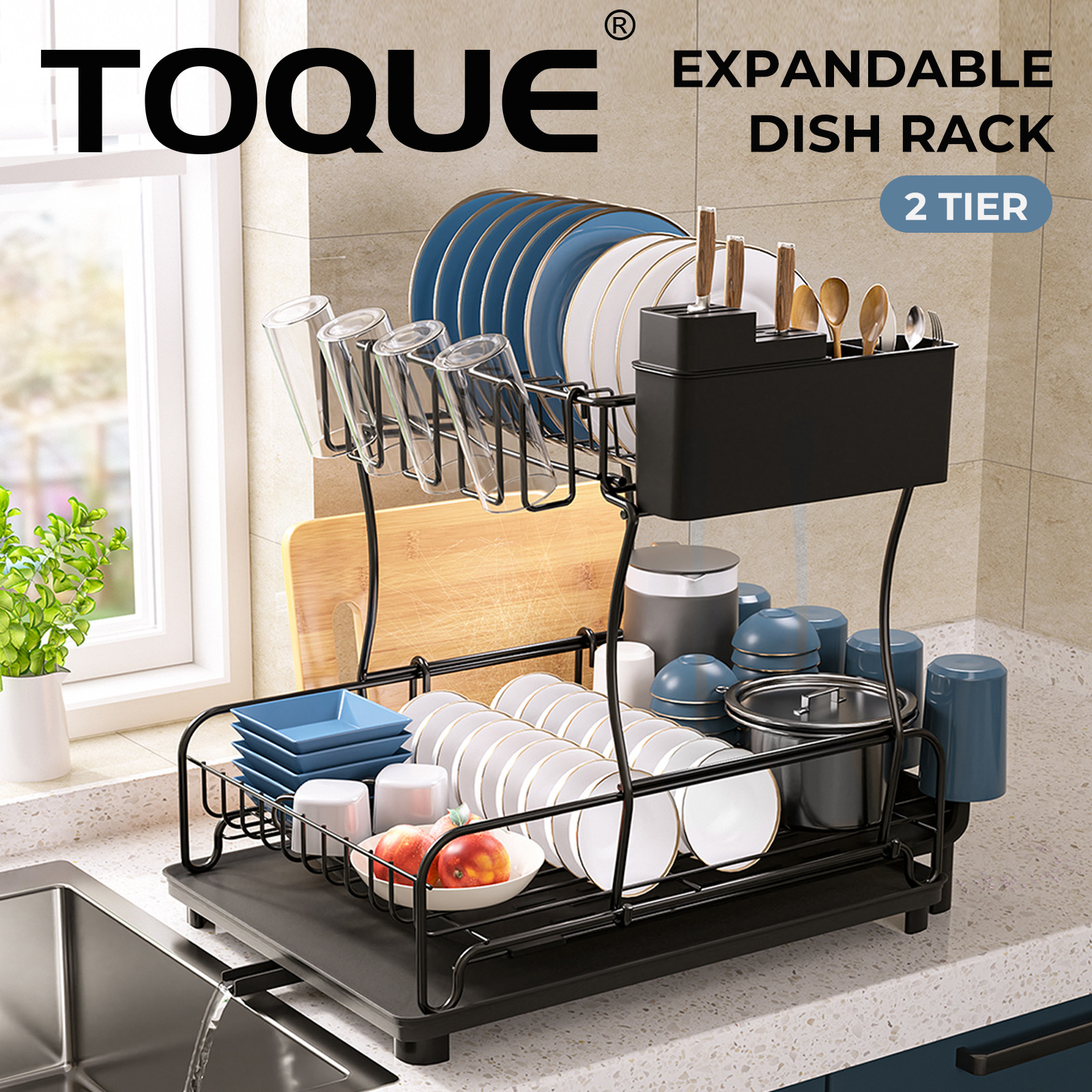 TEMU Toque Expandable Dish Drainer Rack 2 Tier Cutlery Plate Holder With Drip Tray