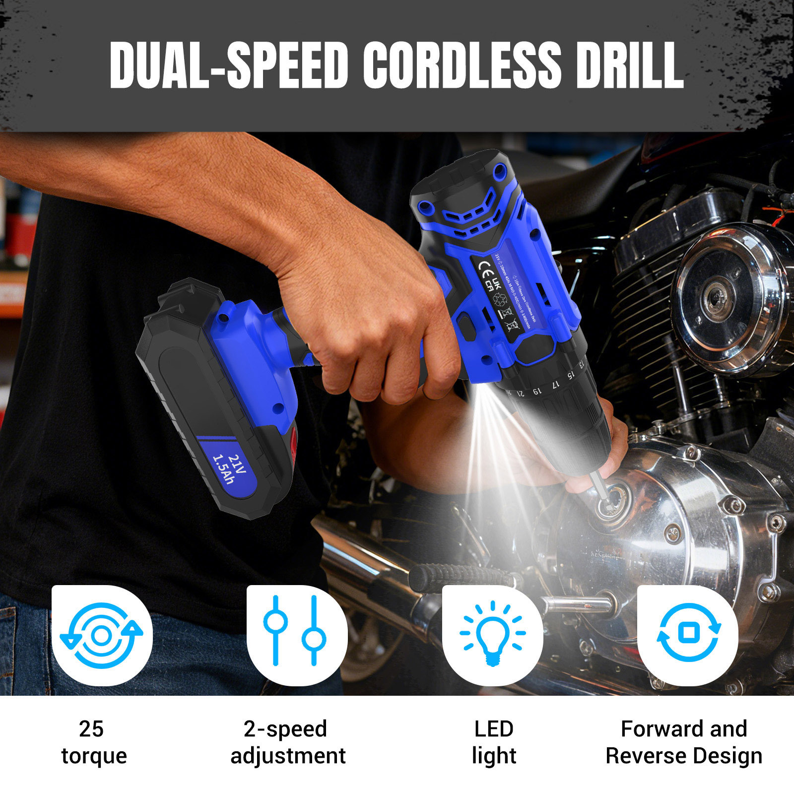 Accu Combi Boormachine, 21V Boormachine Set, Elektrische Schroevendraaier Boormachine met 25+1 Koppelinstelling, 60Nm Elektrisch Gereedschap Boormachine, 2 Snelheden, LED Licht, 31-delige Accessoires Accu Boormachine Kit voor Doe-het-zelvers