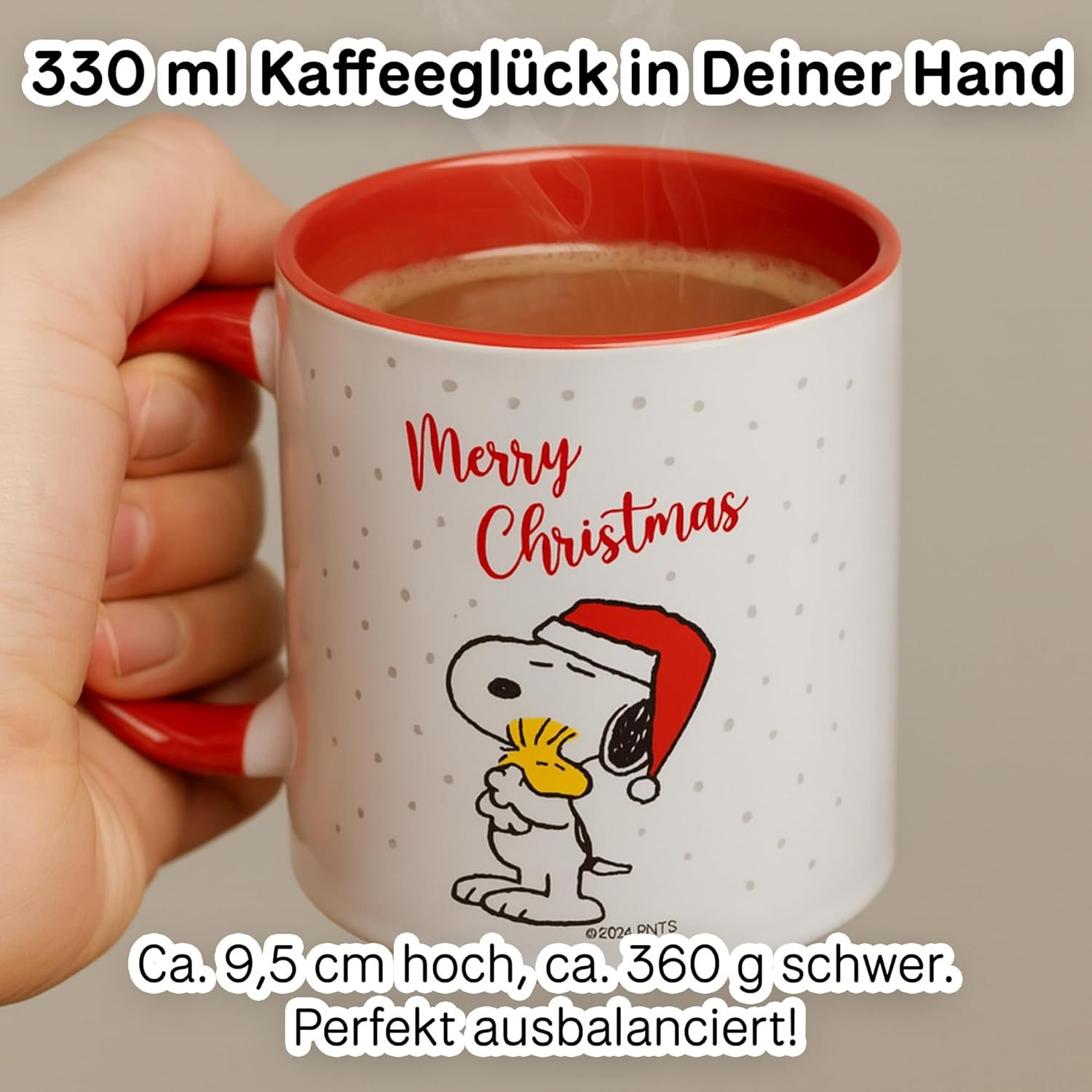 Image of Christmas Mug - Snoopy & Woodstock Merry Christmas Small Gift For Women, Men, Kids - 330ml Ceramic Glitter Mug, White & Red, Dishwasher & Microwave Safe, Holiday Gift Idea