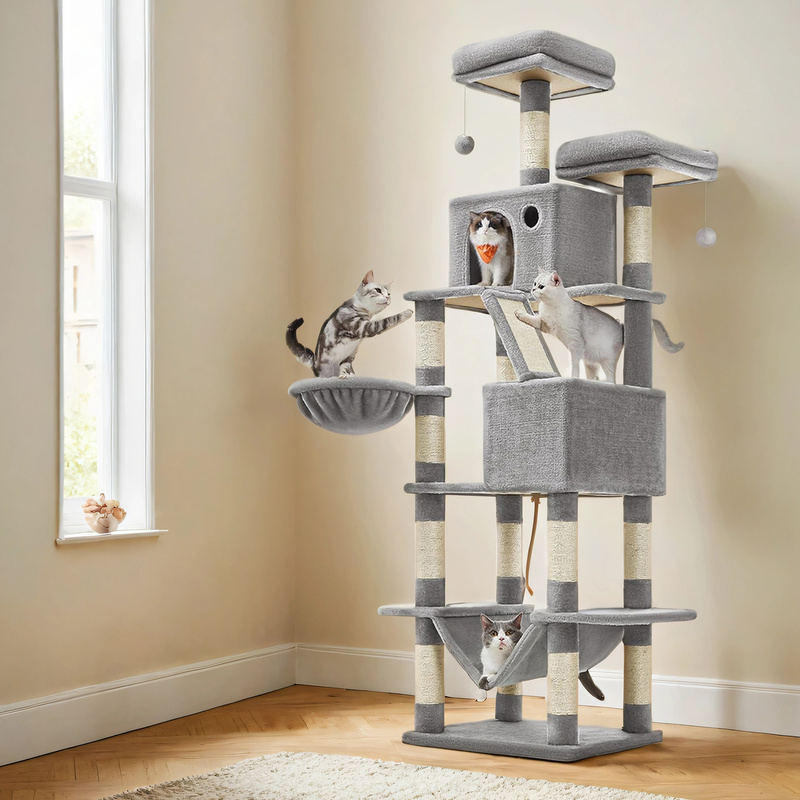 TEMU Árbol para Gatos, de Gatos de 206 cm , 13 Postes Rascadores, 2 Plataformas, 2 , Cesta, Hamaca, Peluches