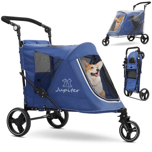 dog stroller 3 wheel dog stroller with rain cover foldable pet travel carrier cart with adjustable handle brake mesh windows zipper closure for small to large dogs up to 30kg mesh ventilation panels sturdy frame construction