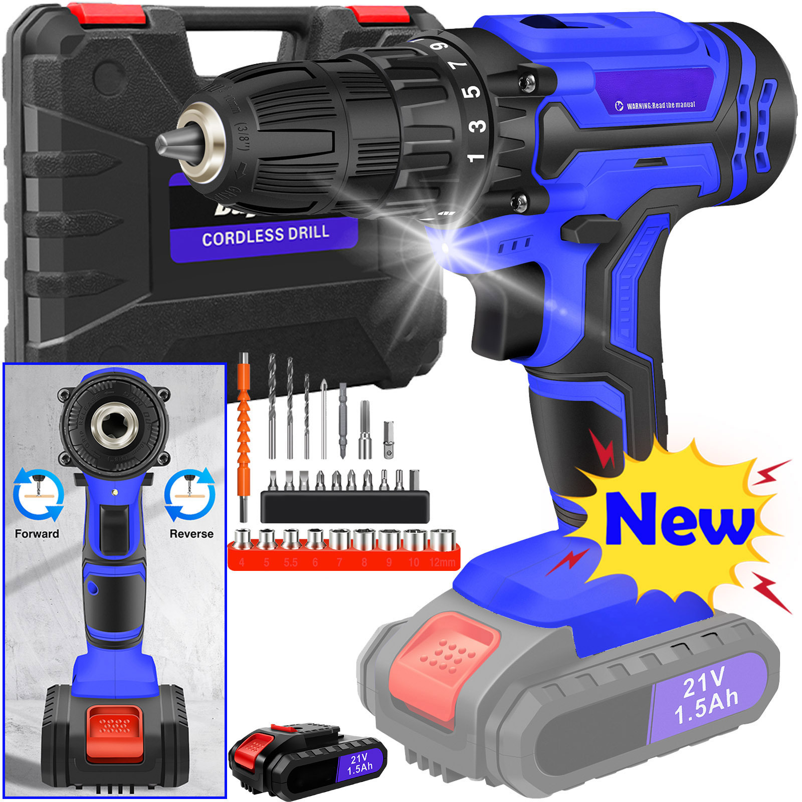 Accu Combi Boormachine, 21V Boormachine Set, Elektrische Schroevendraaier Boormachine met 25+1 Koppelinstelling