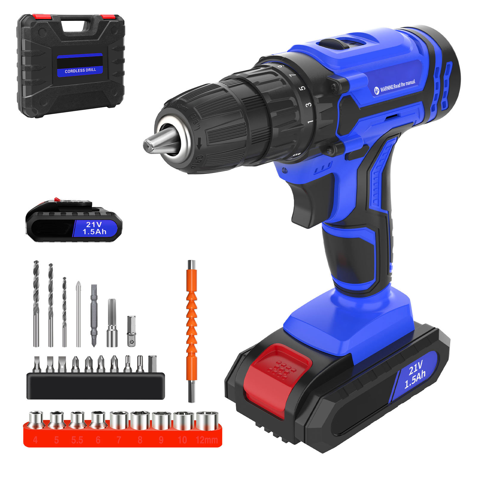 Accu Combi Boormachine, 21V Boormachine Set, Elektrische Schroevendraaier Boormachine met 25+1 Koppelinstelling