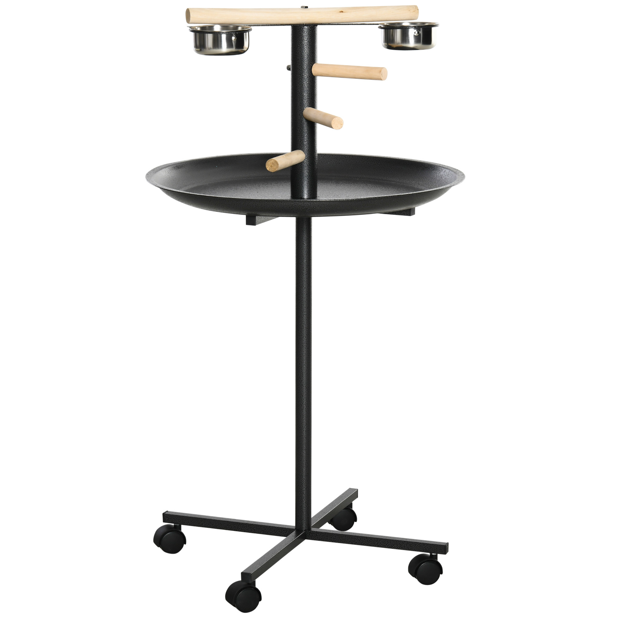 Image of Pawhut Parrot Bird Feeder Stand With 4 Wheels, Wooden Bars, 2 Stainless Steel Feeders, High-rimmed Round Tray, Ø 60 X 111 Cm, Grey