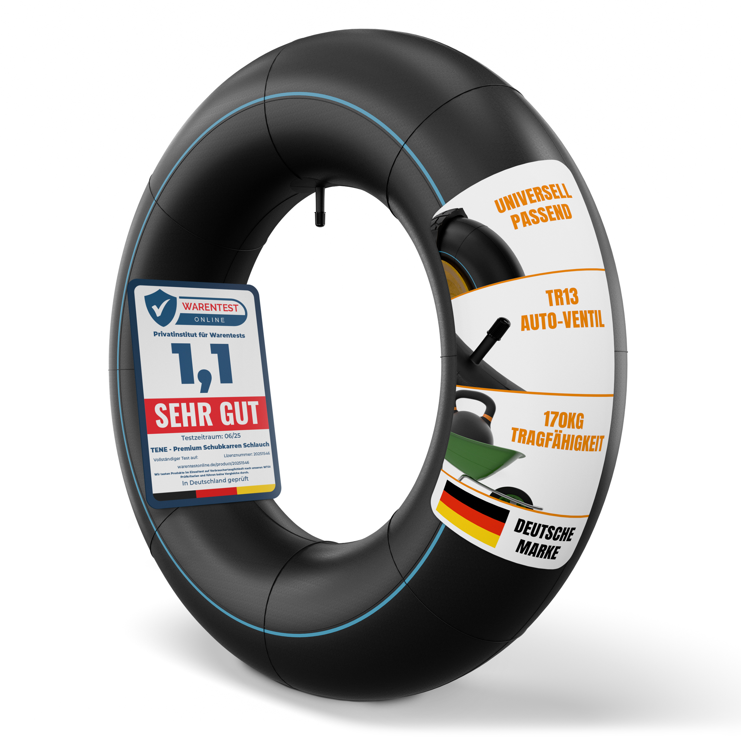 E-shop TENE® Stück .8/4.00-8 Schlauch für Schubkarre, Rasenmäher und mehr - aus robustem Butykautschuk gelegt für Lasten bis 170 kg inkl. Autoventil