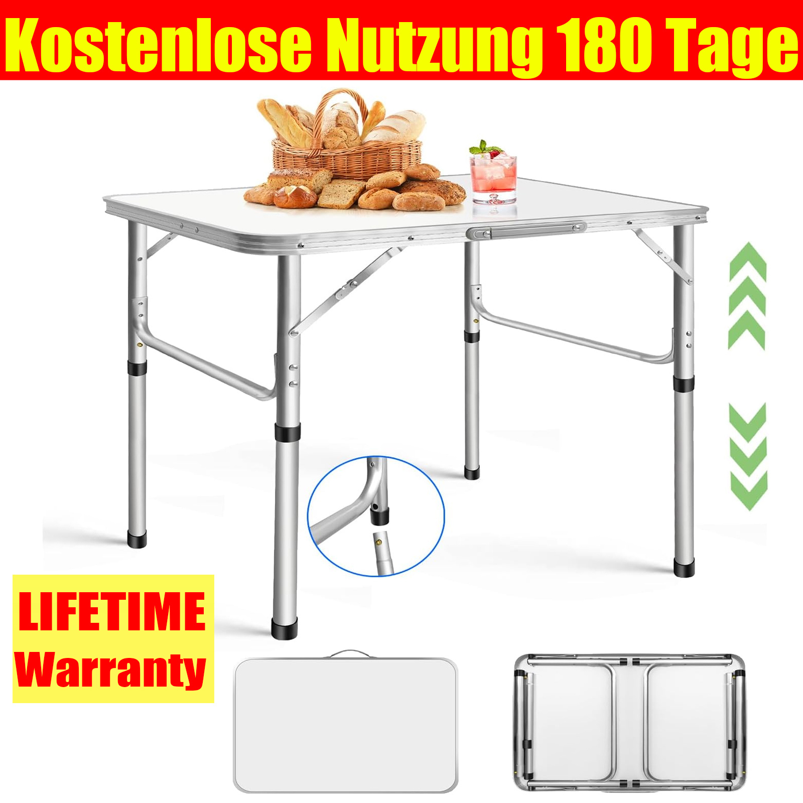 E-shop Tragbarer Faltbarer Campingtisch 75x55x33/70cm Garten Tisch Beistelltisch Faltbarer Picknicktisch Outdoor Verstellbare Höhe Wasserdichtes