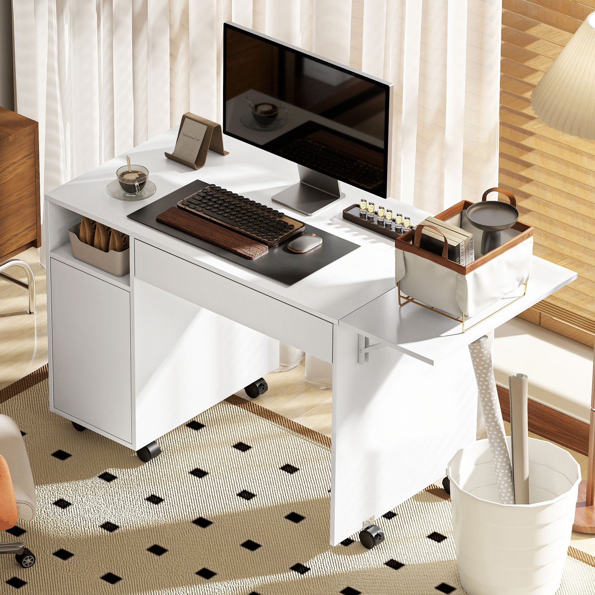 Image of Desk With Casters, Office Desk With Drawer, Foldable Top And Cabinet 140 X 53 X 75 Cm Desk With Open Compartment, Versatile Shelving Unit For Office, Living Room White
