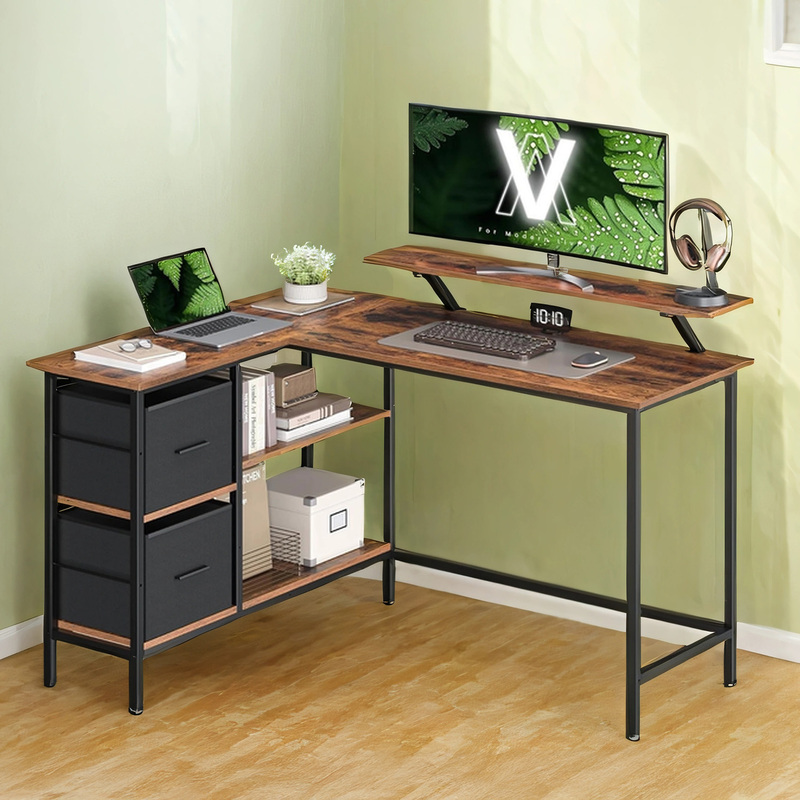 TEMU Escritorio de L para Juegos con Soporte para Monitor, Cajones, Estante Ajustable, Marrón