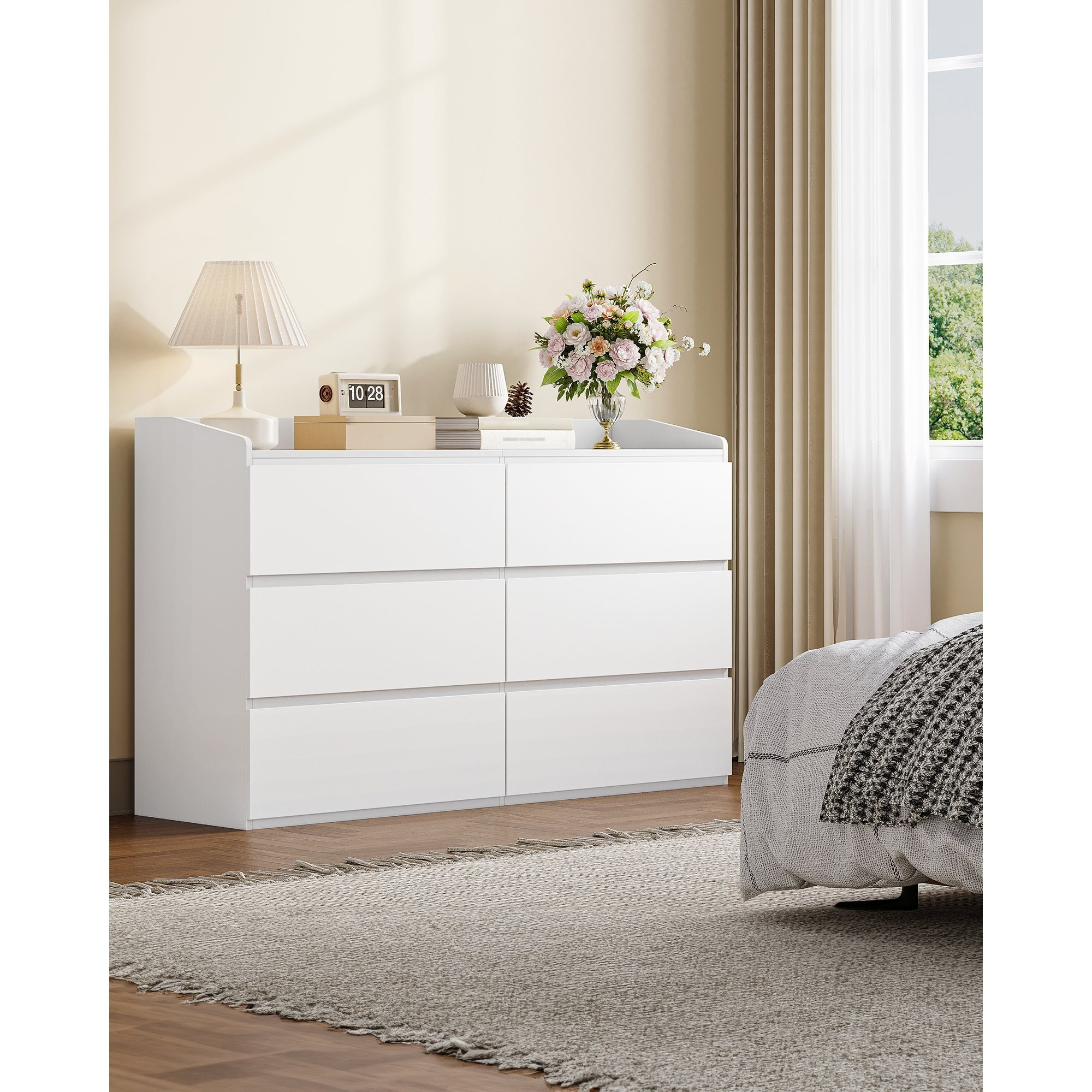 TEMU Commode, Commode à 6 tiroirs, Meuble de Rangement, Casier avec rambarde supérieure, Style Moderne, Convient pour et , 40 x 138 x 84 cm, Blanc