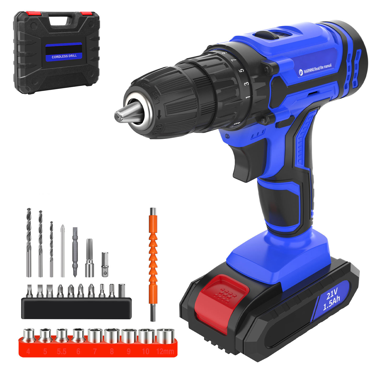 Accu Combi Boormachine, 21V Boormachine Set, Elektrische Schroevendraaier Boormachine met 25+1 Koppelinstelling