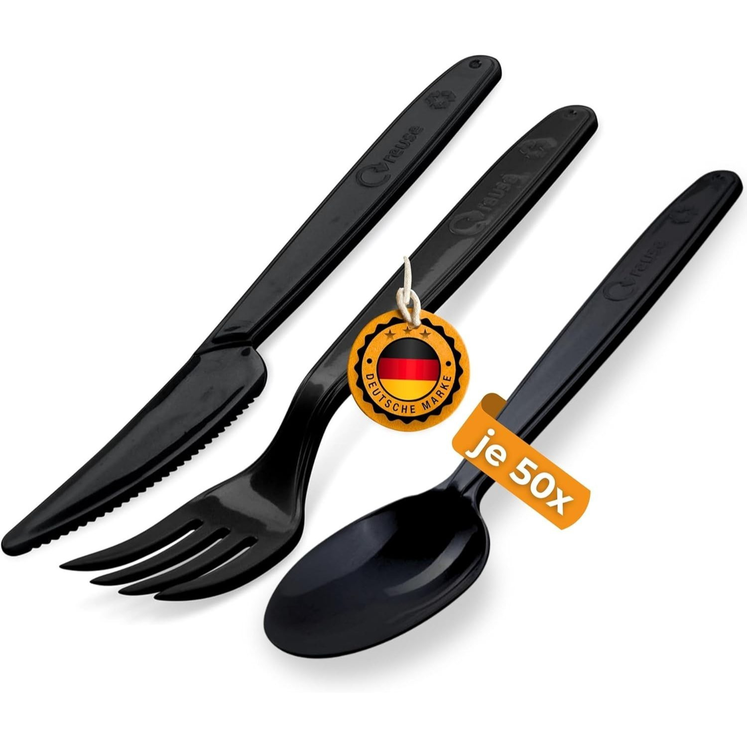 E-shop 50 x Wiederverwendbares Plastikbesteck schwarz | Campingbesteck | PREMIUM Reisebesteck | robustes Outdoor Besteck (Set - 50 Gabel + 50 Messer +