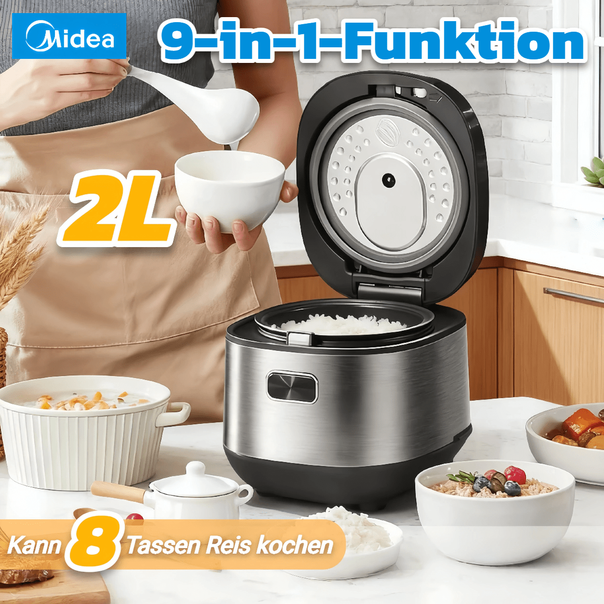 E-shop Der Midea 2-Liter-intelligente Reiskocher ist ein kompakter Reiskocher mit einem schmalen, platzsparenden Design. Er bietet 9 Kochprogramme und