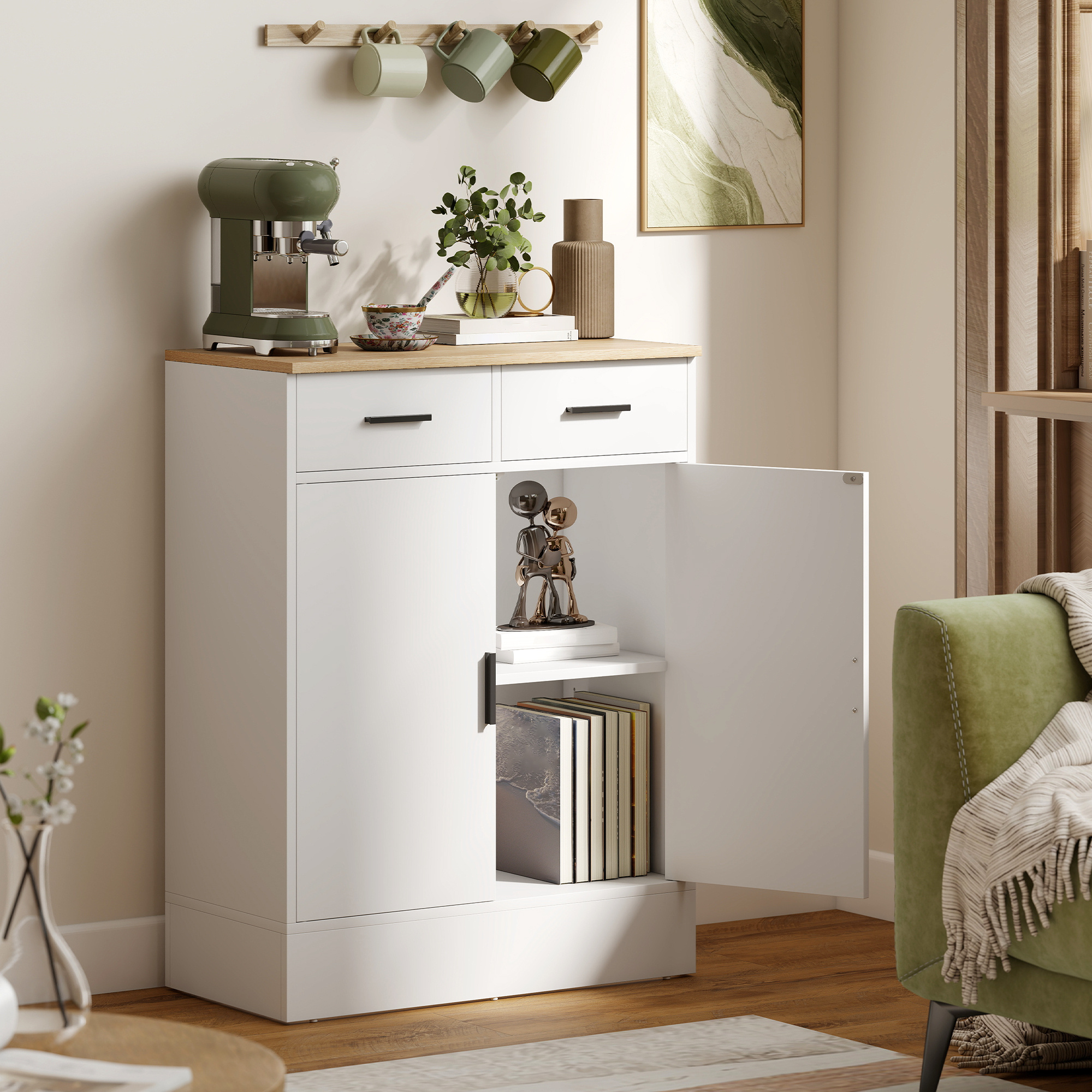 Kitchen Cabinet Sideboard With Storage Space, Dresser With 2 Drawers, Adjustable Shelf, Storage Cabinet For Kitchen, Living Room, Hallway, Natural Wood, White