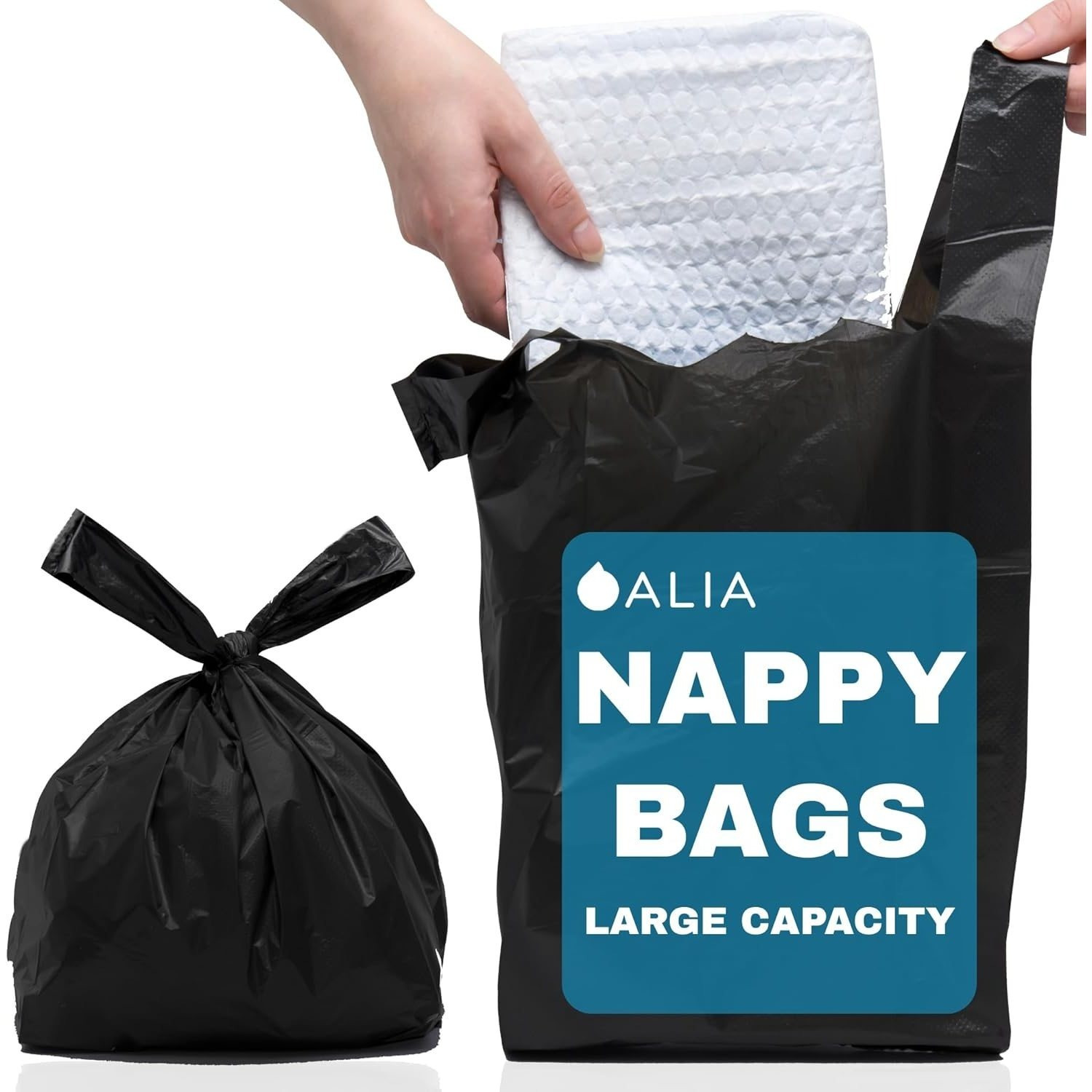TEMU 200 X Alia | Black | Large Adult Incontinence Nappy Sacks Extra Large | Handles | Sanitary Disposable Bags | 2 Packs Of 100