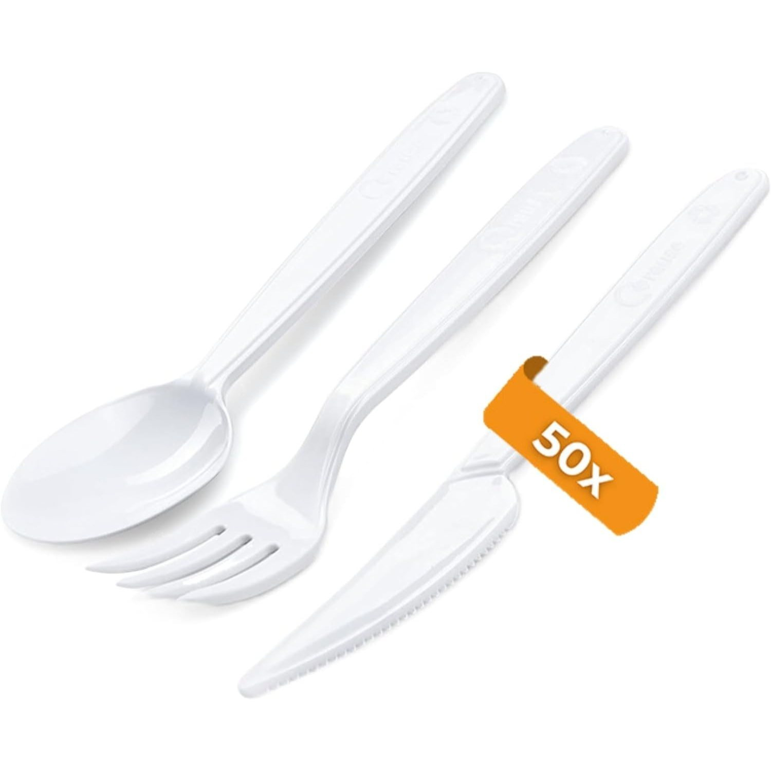 E-shop 50 x Wiederverwendbares Plastikbesteck weiß| Campingbesteck | PREMIUM Reisebesteck | robustes Outdoor Besteck (Set - 50 Gabel + 50 Messer + 50
