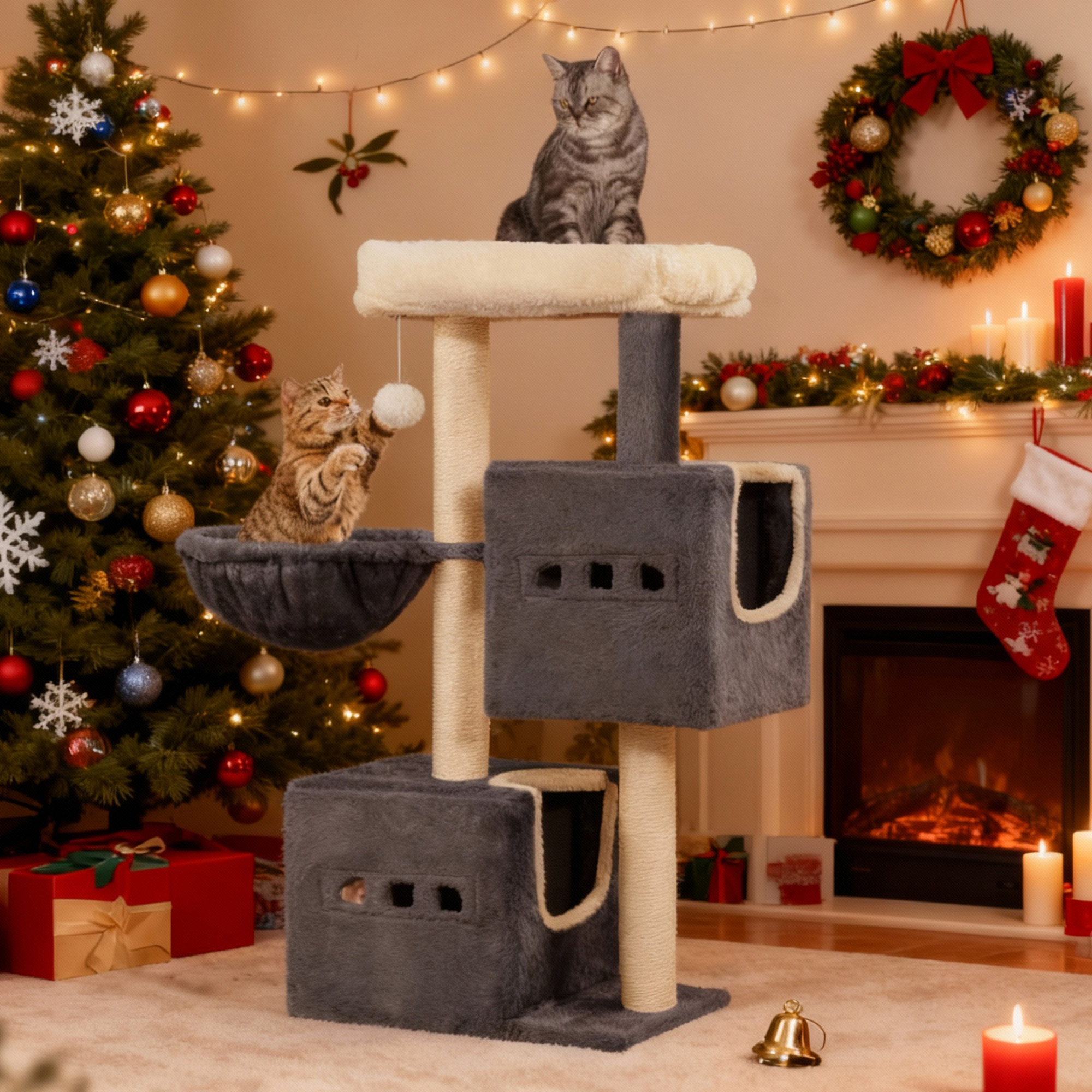 98 Cm Cat Scratching Post, Small Multi-level Cat Tree With Perch, Cat Furniture With 2 Caves, Sisal Scratching Post, Hammock, Cave, Light Gray