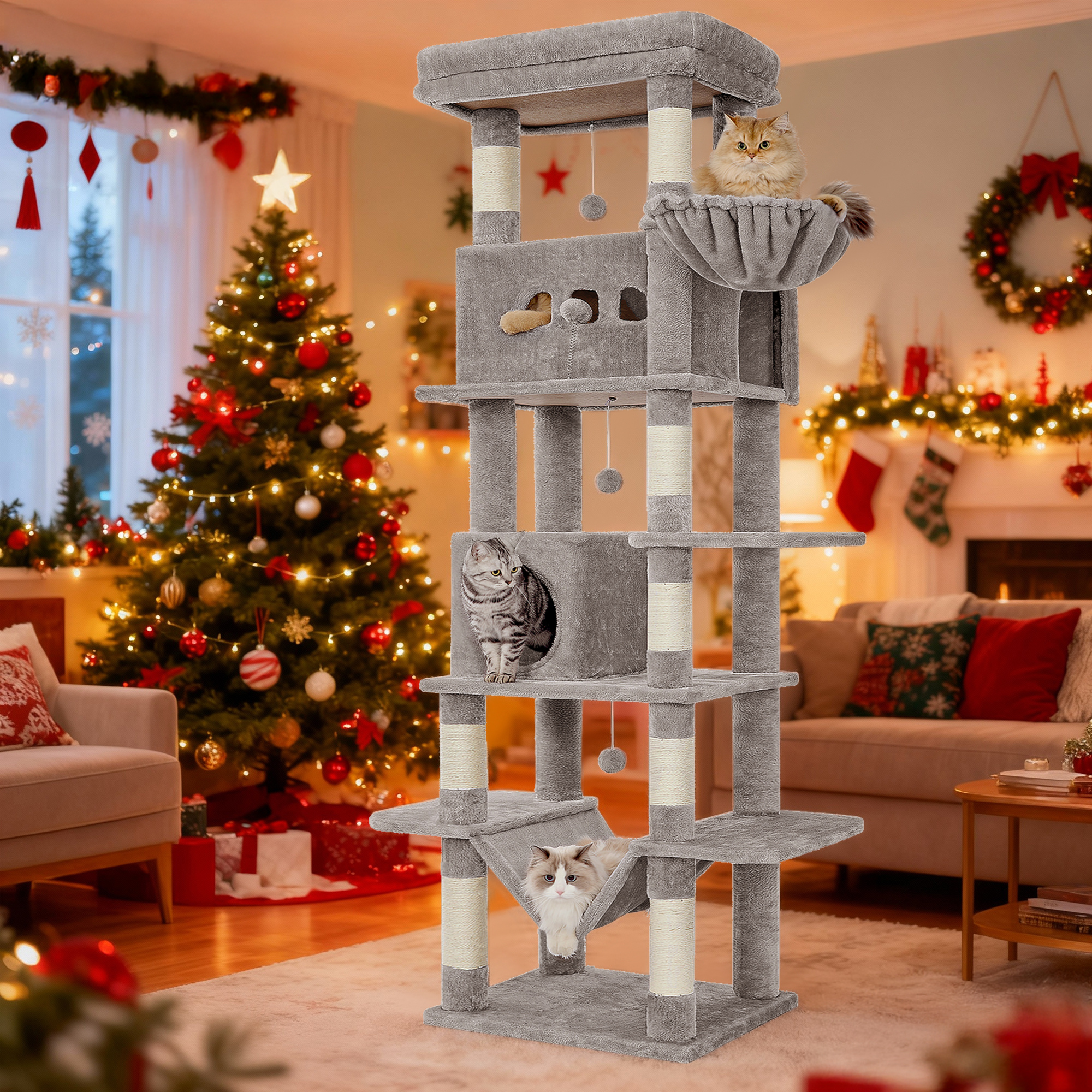 E-shop Kratzbaum groß, 210 cm hoch, Katzenbaum, mit 8 Kratzbäume, 2 , groß Plattformen, Waschbare Matte, Hängematte, Plüschbälle, mehrstöckiger