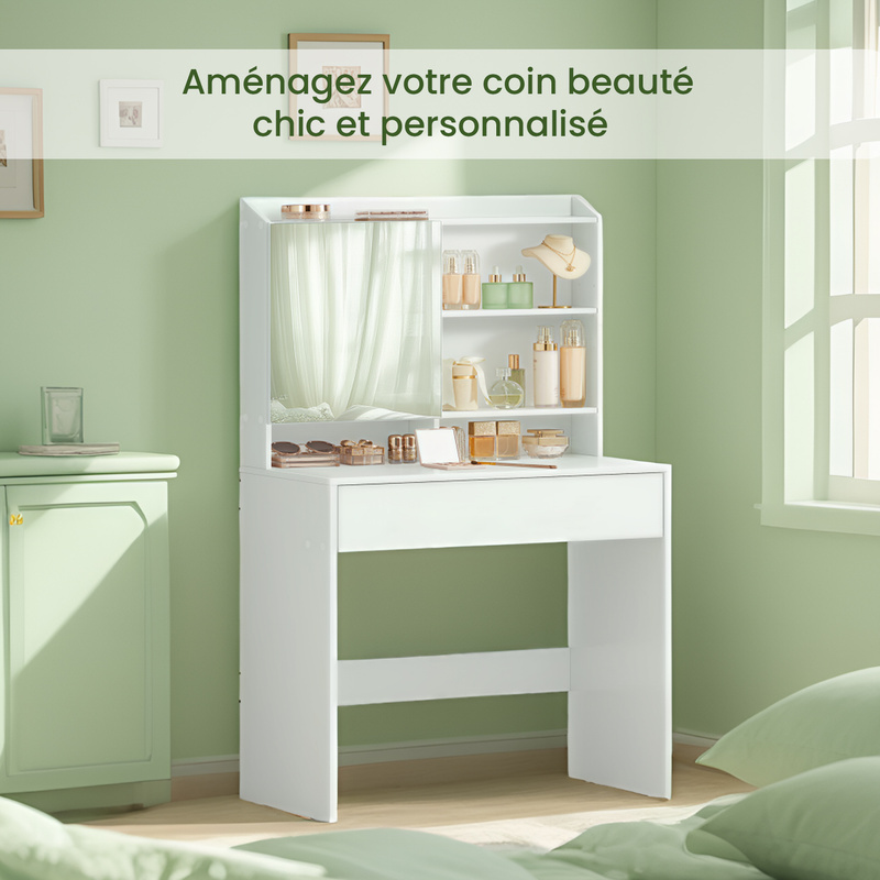 TEMU Table de rangement/coiffeuse simple avec tiroirs et étagères, grand , et durable, convient aux chambres, dressings et salons, blanche.