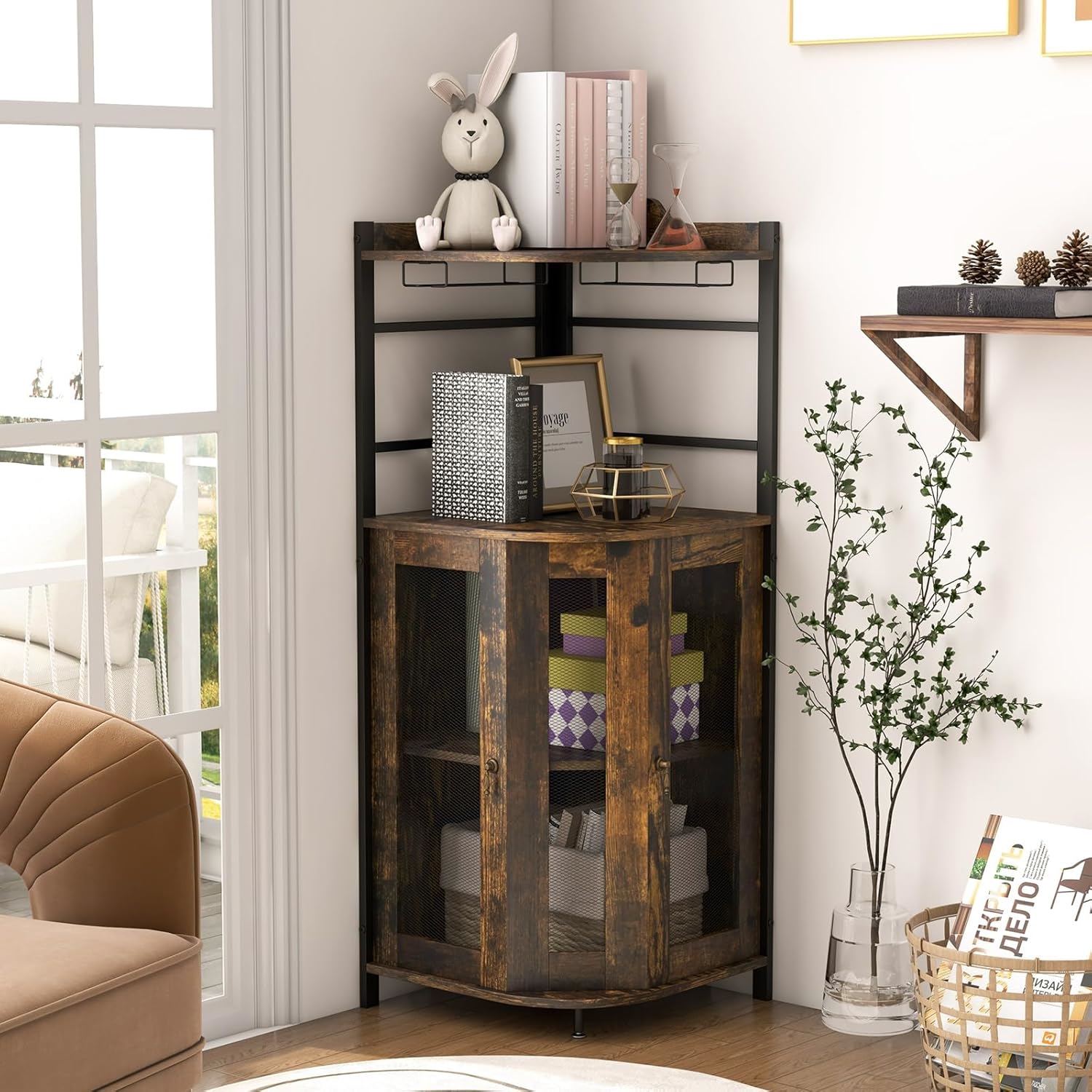 Industrial Style Corner Wine Kitchen Furniture, Adjustable Shelf And Mesh Door