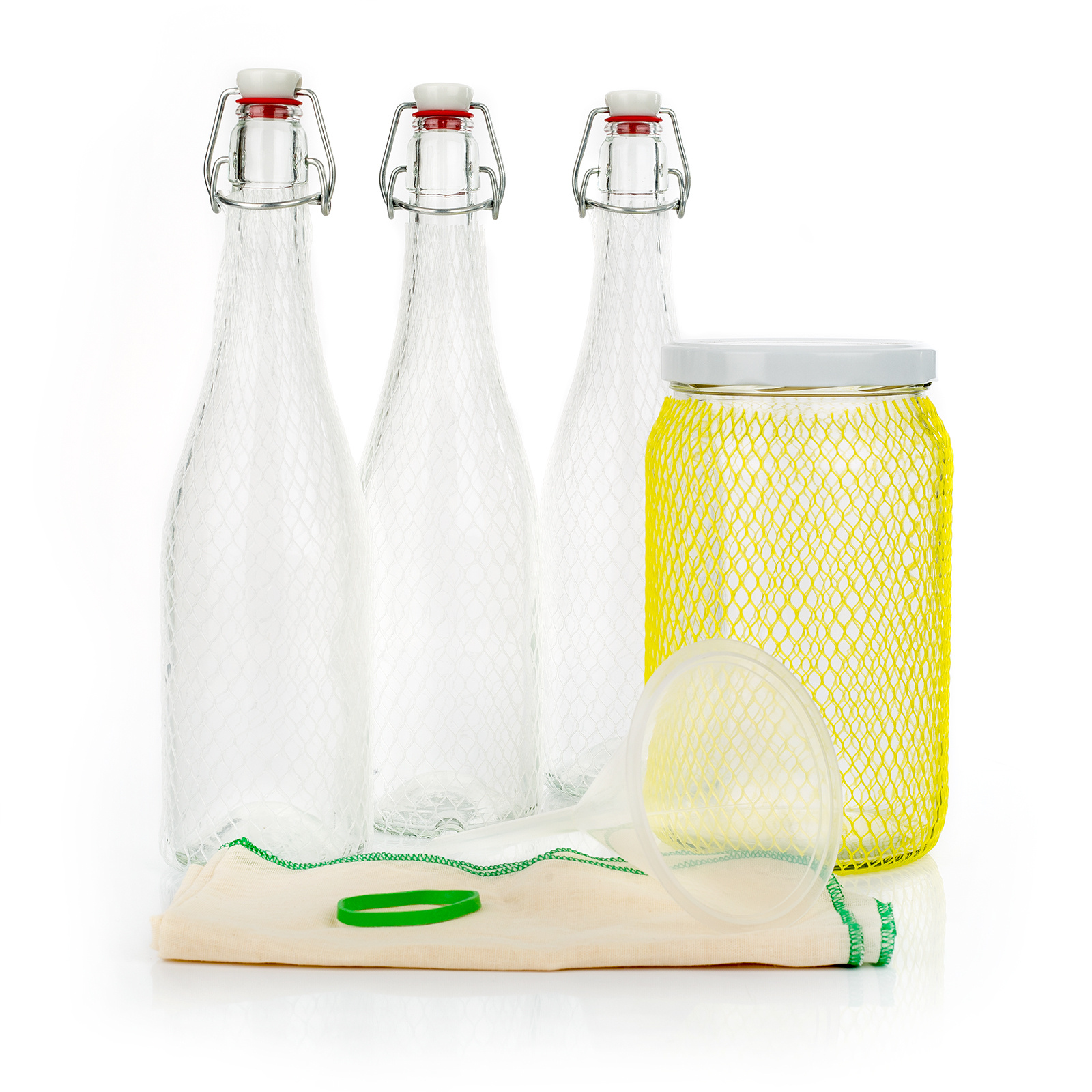 Image of Myferments - Probiotic Drink Kit | 2l Glass Jar | 3 750ml Hermetic Bottles | Funnel And Muslin | For Kombucha, , Beer | Glass