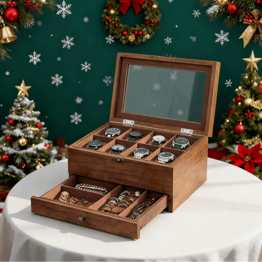 Watch Case With 8 Compartments & Glass Lid + Drawer (christmas Gift/father's Day) - Premium Storage For Automatic Watches & Jewelry