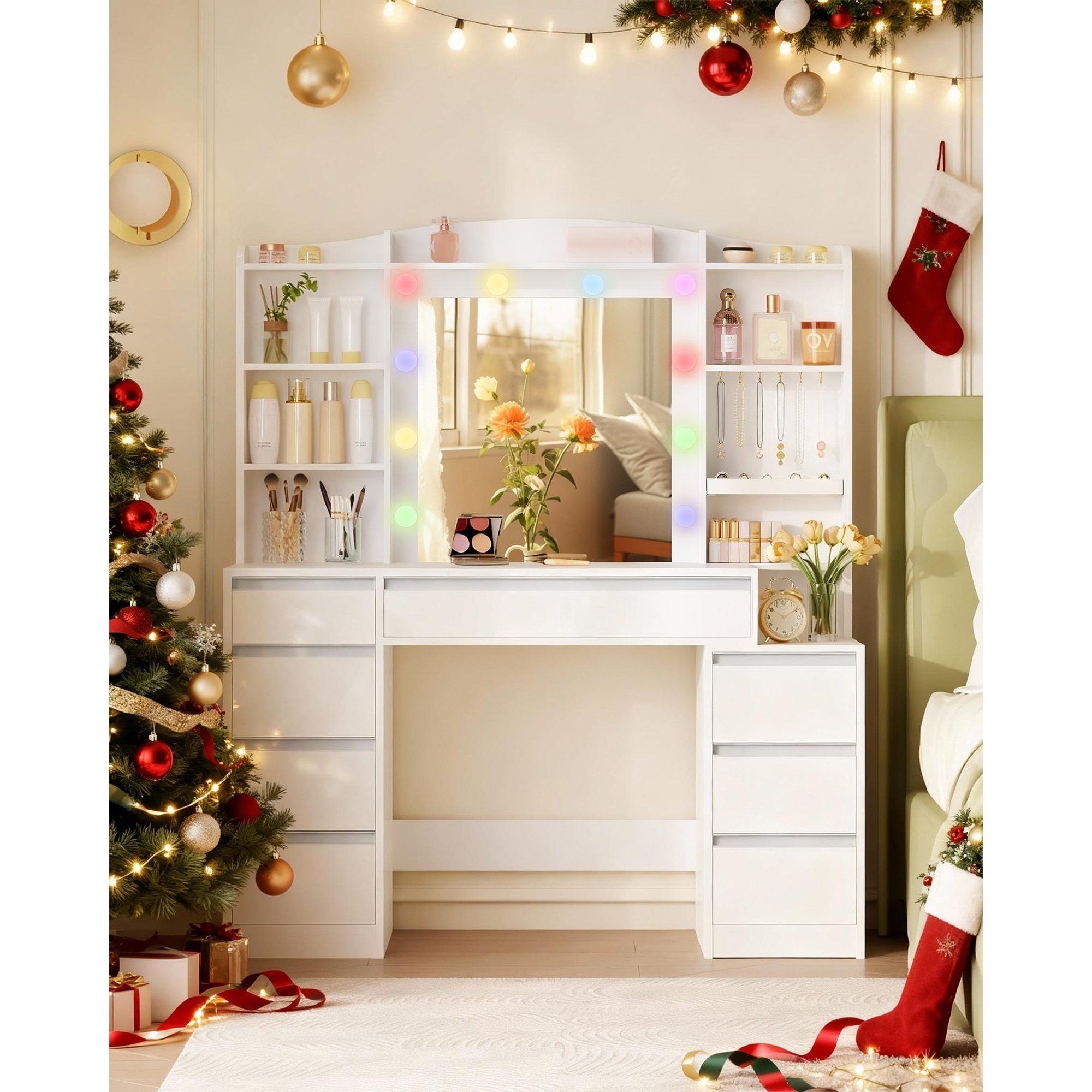 E-shop Schminktisch mit 8 Schubladen, Großer Spiegel mit RGB-LED-Beleuchtung, Integrierte Schmuckablage, 100 cm breite Arbeitsplatte mit Nachttisch,