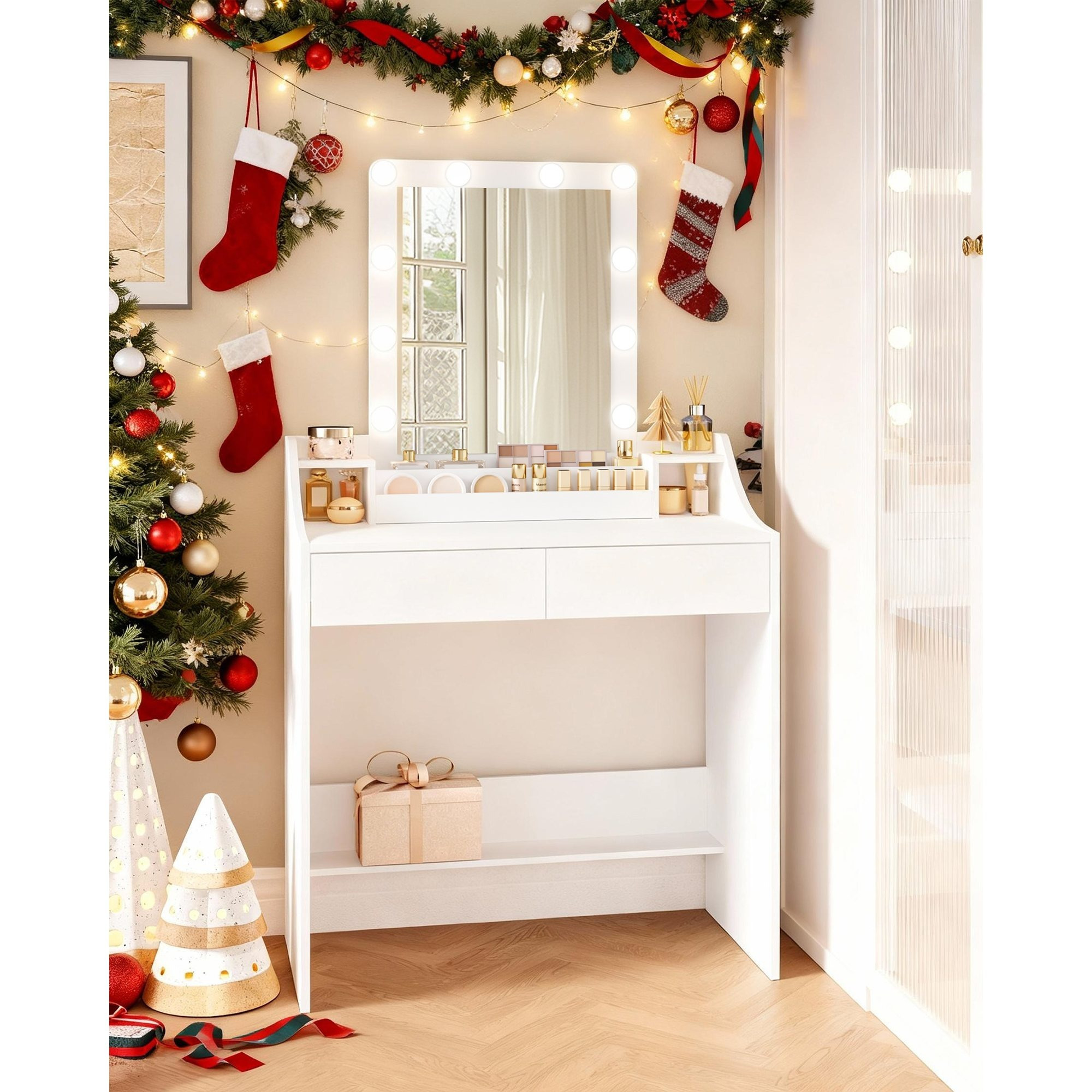 TEMU Coiffeuse avec Eclairage LED, 80cm, Luminosité Réglable, Coiffeuse avec , avec 2 Tiroirs et 2 Compartiments , Moderne, Blanche