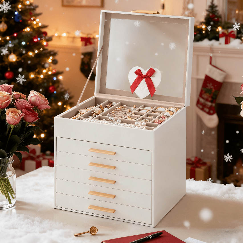 Image of Premium Jewelry Box 6-tiers With 5 Drawers & Glass Lid (20.3x23.1x22.8cm) - -gold Gift For Christmas/birthday