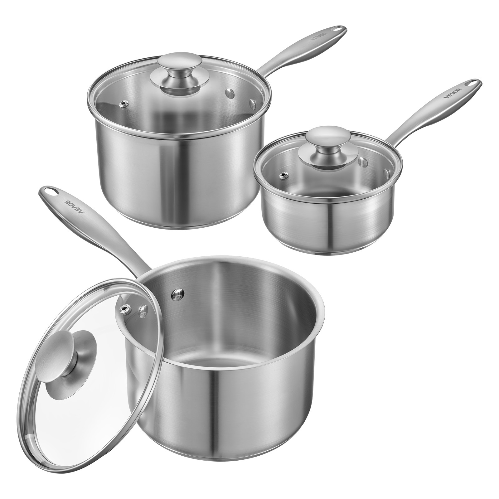 Image of Vevor Stainless Steel Saucepan Set, 1 Qt & 2 Qt & 3 Qt Saucepans With Glass Lids, Multipurpose Nonstick Stainless Steel Sauce Pot With Ergonomic Handle, Friendly For Oven, Dishwasher, Induction Cooker