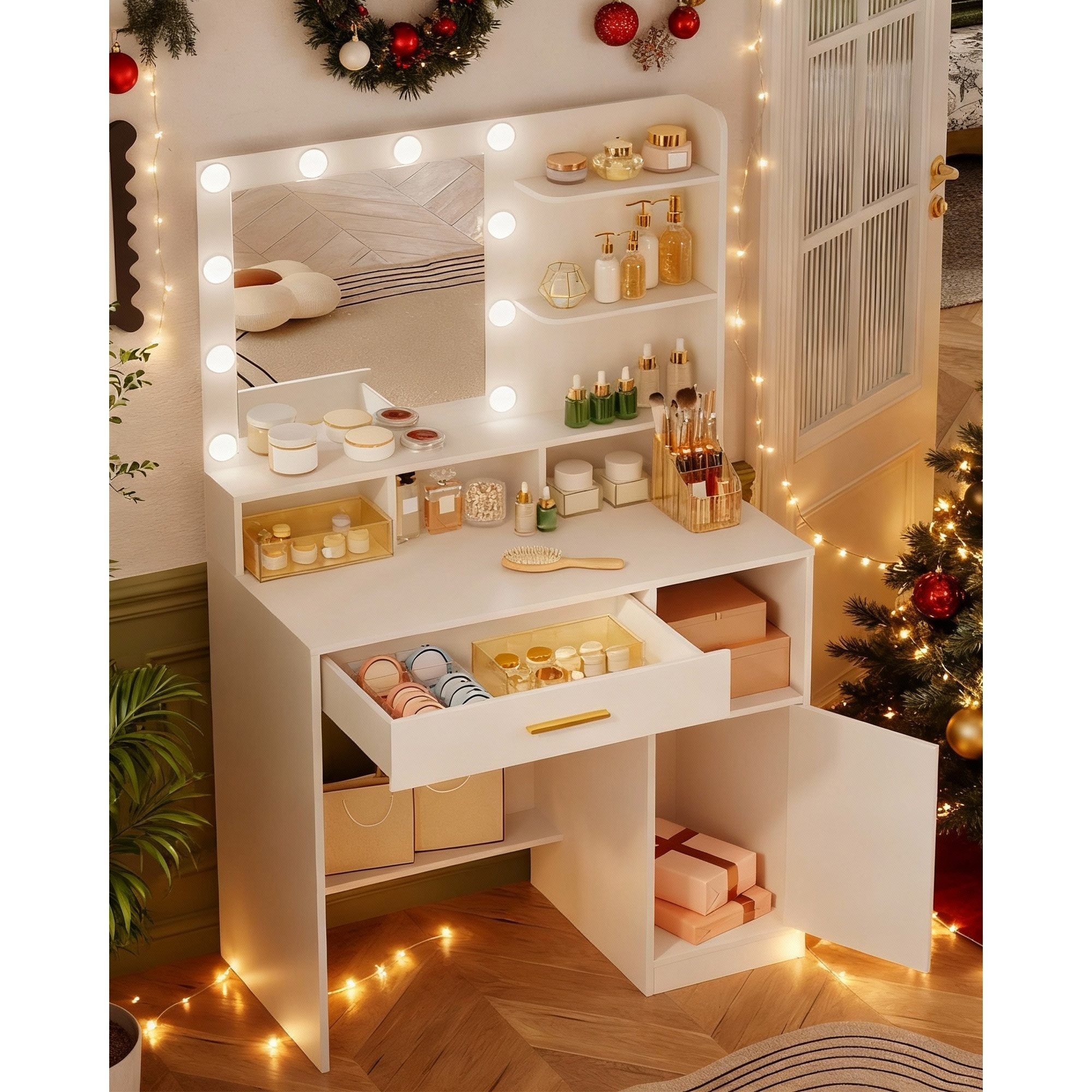 E-shop Schminktisch mit Spiegel und 10 LED-Leuchten, Schminktisch mit 3 Ablagen & 4 offenen Fächern, Schminktische mit Großer Schublade & Schrank, 3
