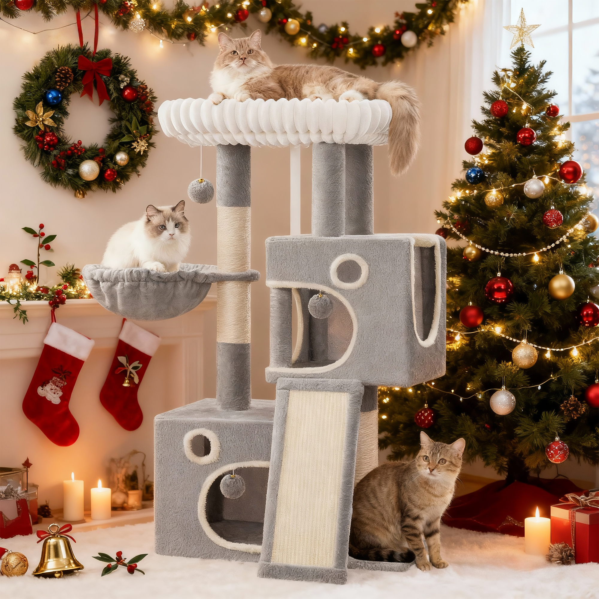TEMU Scratching Post, 98cm Small Cat Tree, Spacious And Sturdy, With Soft Large Platform, Plush Balls, Caves, Scratching Posts, Cat Scratching Board