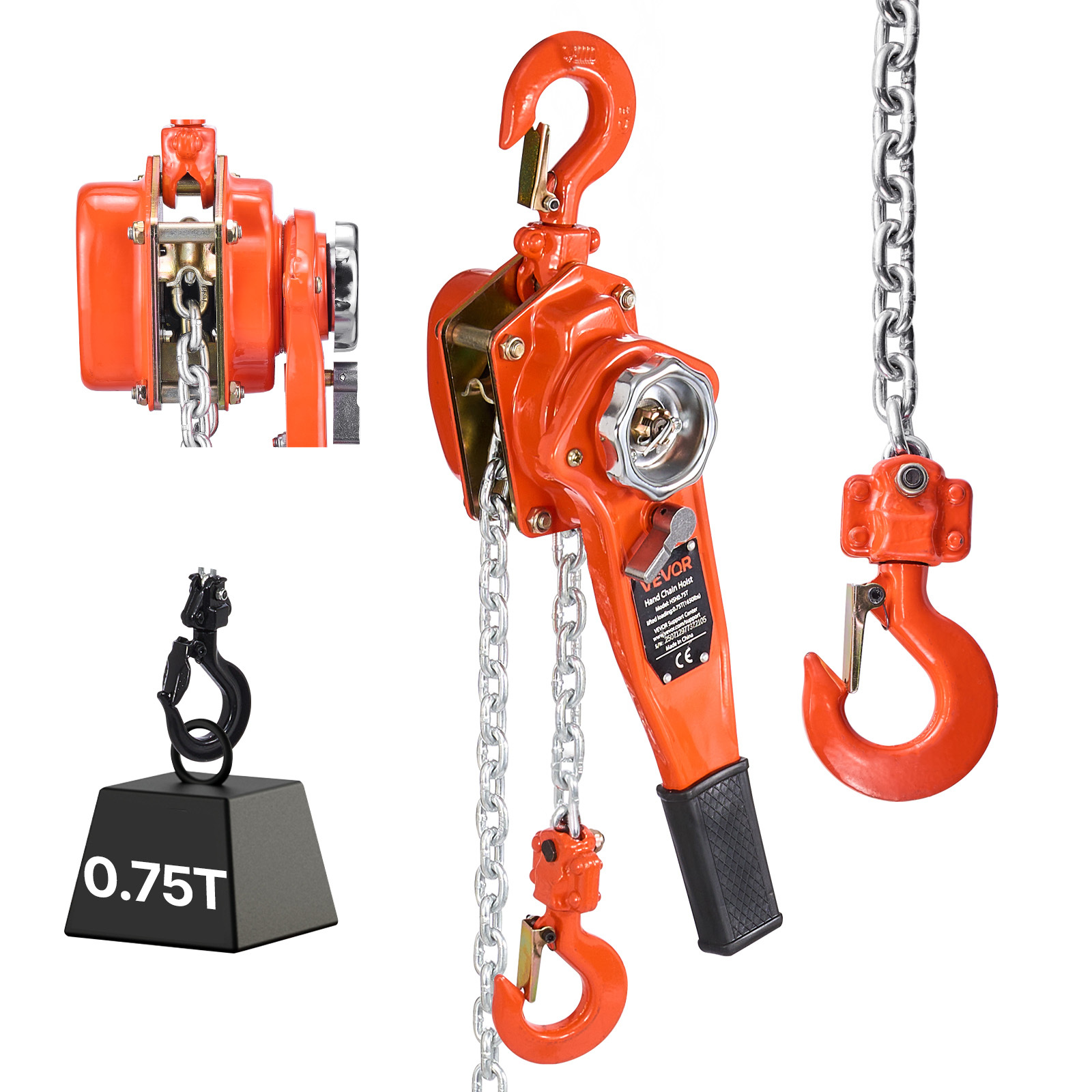 Image of Vevor Manual Lever Chain Hoist, 3/4t 750kg Capacity Heavy Duty Come Along, Lift G80 Alloy Steel Chain With Dual Pawl Mechanical Brake, 360° Rotating Hooks, For Warehouse Construction Garage