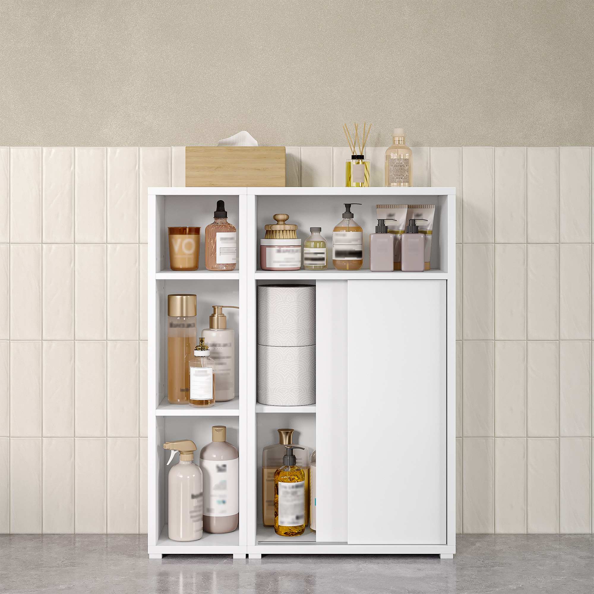 Bathroom Cabinet, Toilet Furniture With Sliding Door, Interchangeable, Open Compartments, Adjustable Shelves, Next To White Wc 19 X 59.2 X 71.2 Cm