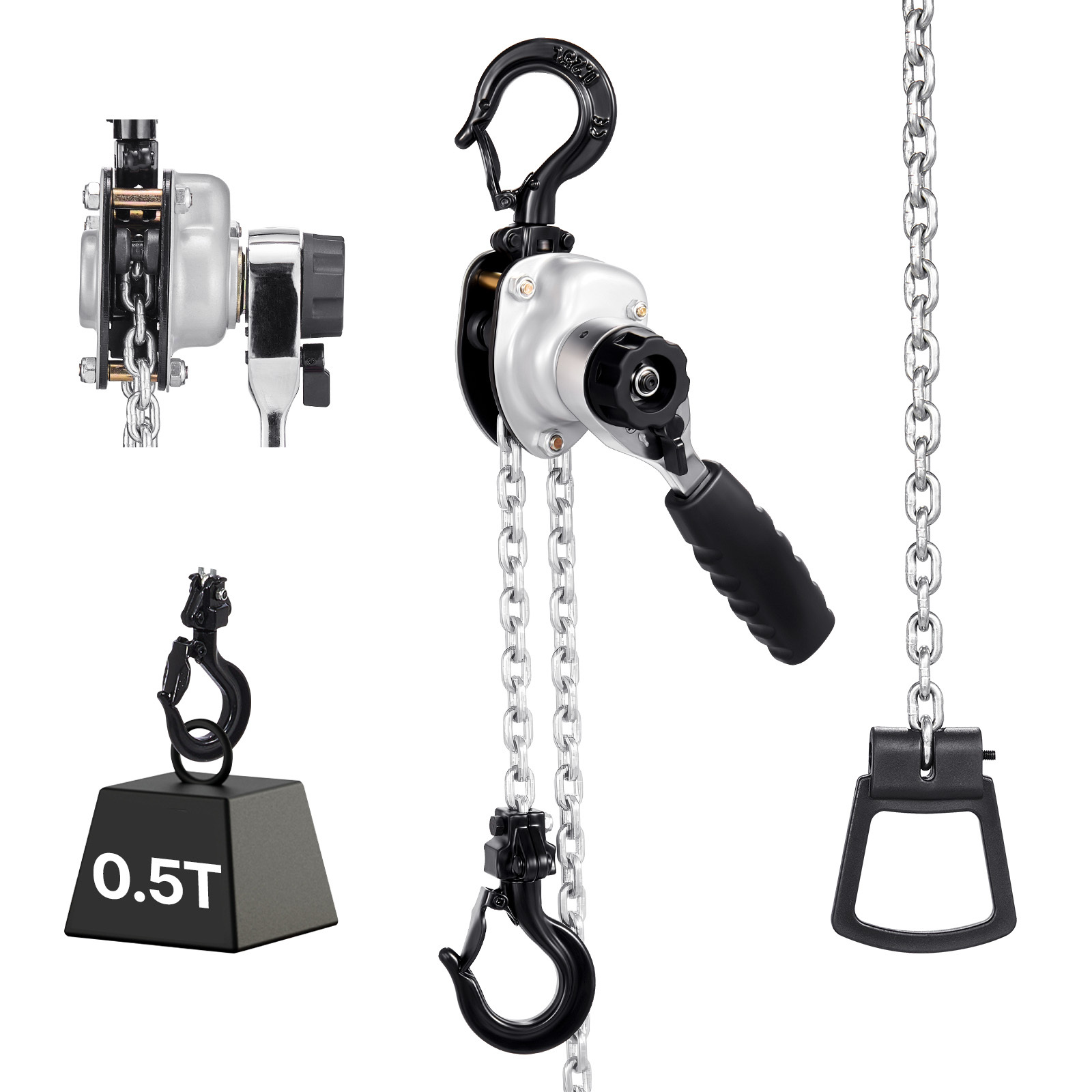 Image of Vevor Manual Lever Chain Hoist, 1/2t 500kg Capacity Heavy Duty Come Along, 6m Lift G80 Alloy Steel Chain With Dual Pawl Mechanical Brake, 360° Rotating Hooks, For Warehouse Construction Garage