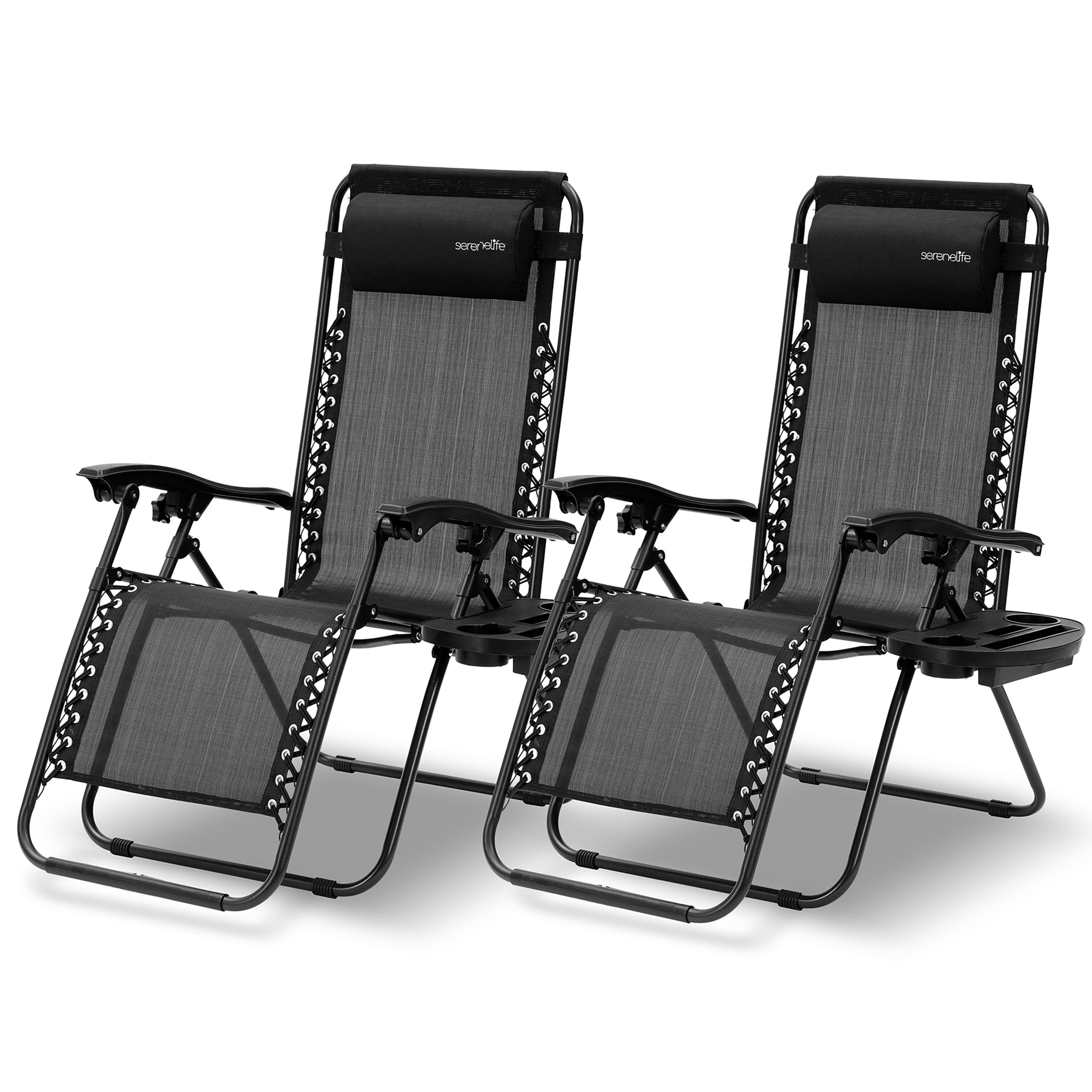 Image of Folding Lounge Chair, Adjustable Beach Chair With Side Table, Headrest & Cup Holder, Sun Lounger For Balcony, Garden, Terrace & Camping, Deck Chair For 2 People, Black
