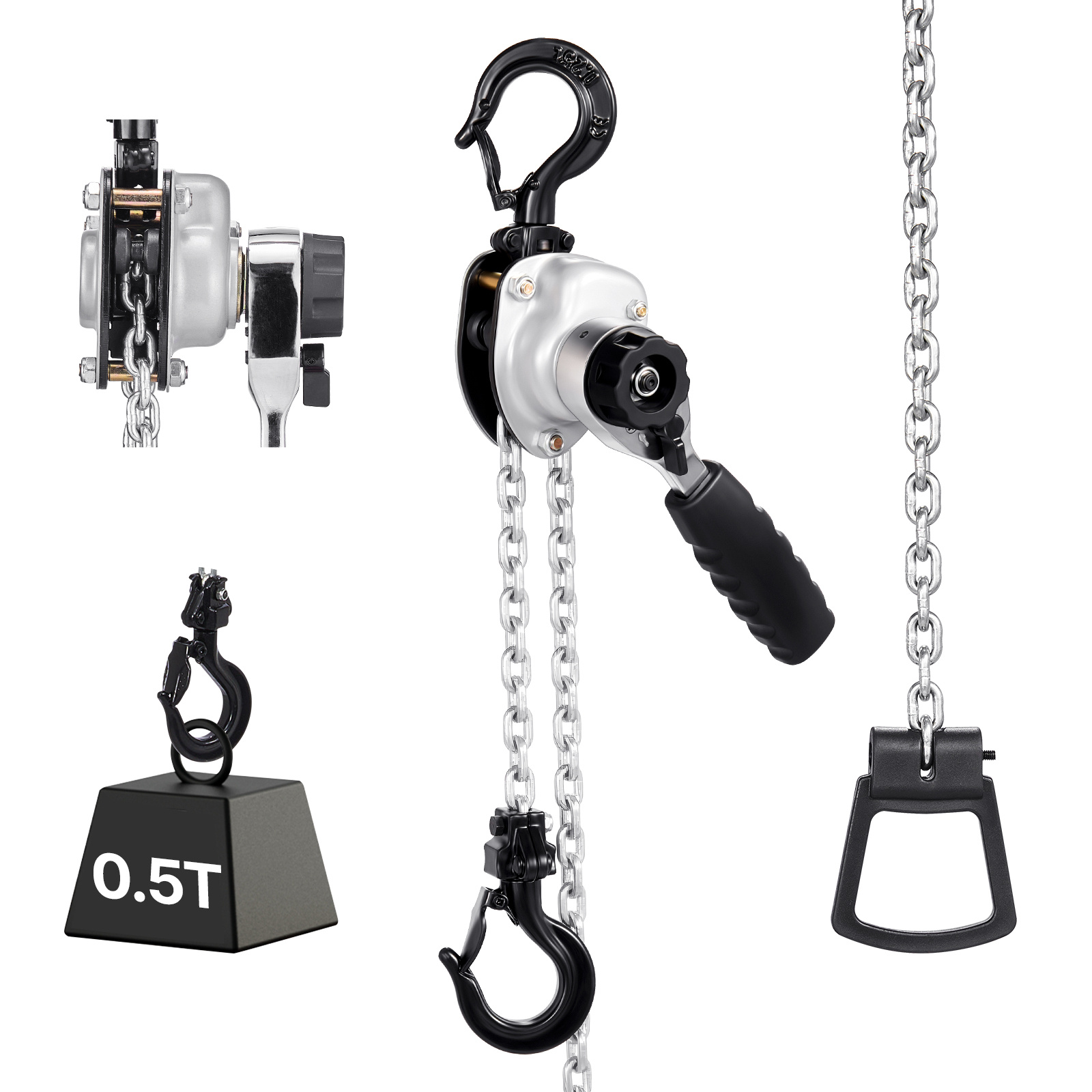 Image of Vevor Manual Lever Chain Hoist, 1/2t 500kg Capacity Heavy Duty Come Along, 1.5m Lift G80 Alloy Steel Chain With Dual Pawl Mechanical Brake, 360° Rotating Hooks, For Warehouse Construction Garage