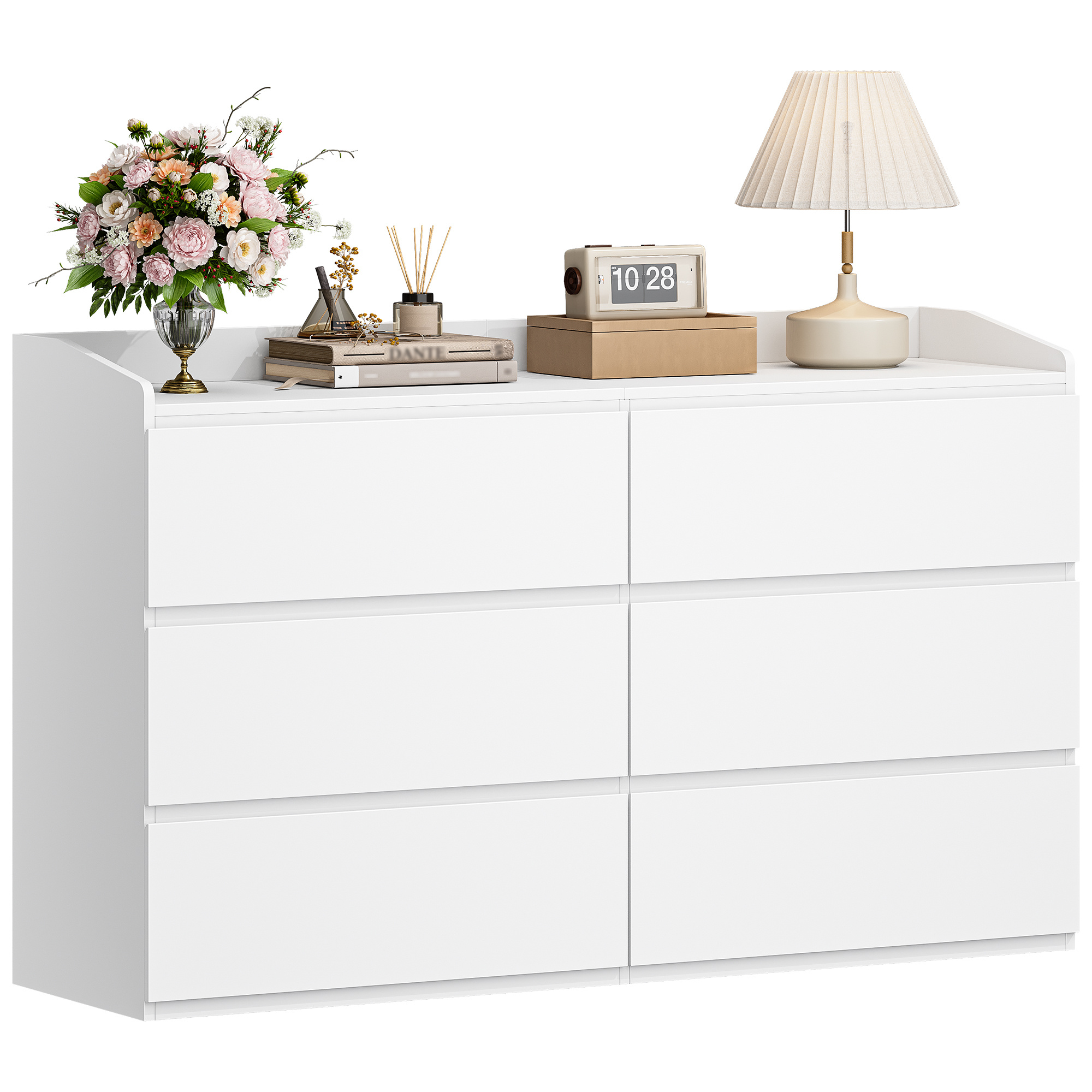 Image of Dresser, Dresser With 6 Drawers, Sideboard Surface, Cabinet With Upper Railing, , Suitable For Living Room And Bedroom, 40 X 138 X 84 Cm, White