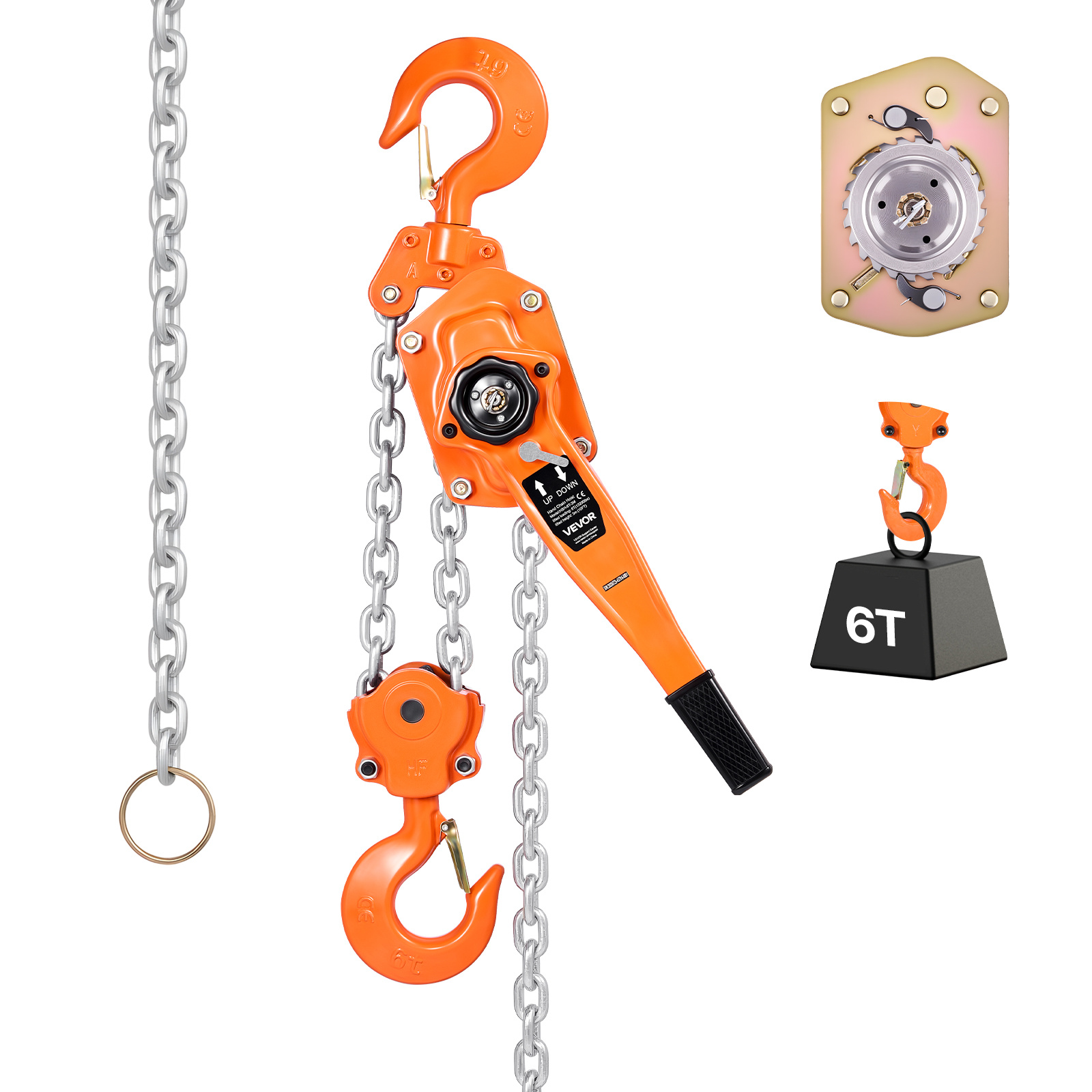 Image of Vevor Manual Lever Chain Hoist, 6t 6000kg Capacity Heavy Duty Come Along, Lift G80 Alloy Steel Chain With Dual Pawl Mechanical Brake, 360° Rotating Hooks, For Warehouse Construction Garage