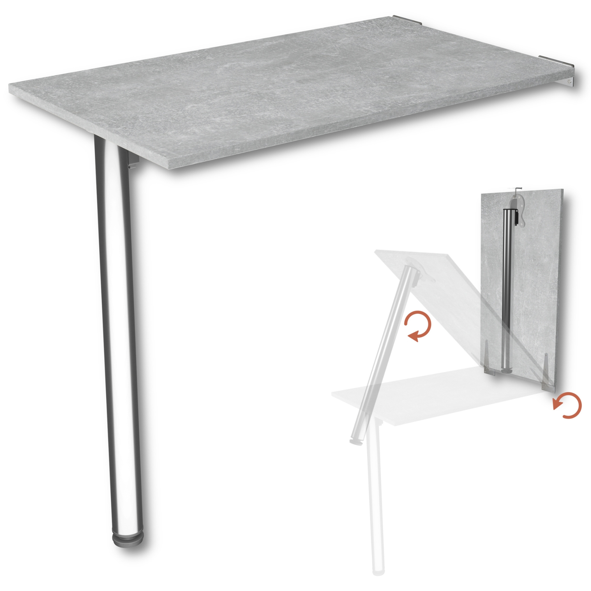 Kdr Wall-mounted Folding Table 80x50 Cm Concrete Look - Folding Table With Chrome Leg For Wall Mounting - As Dining Table, Desk Or Kitchen Table - Height 74 Cm