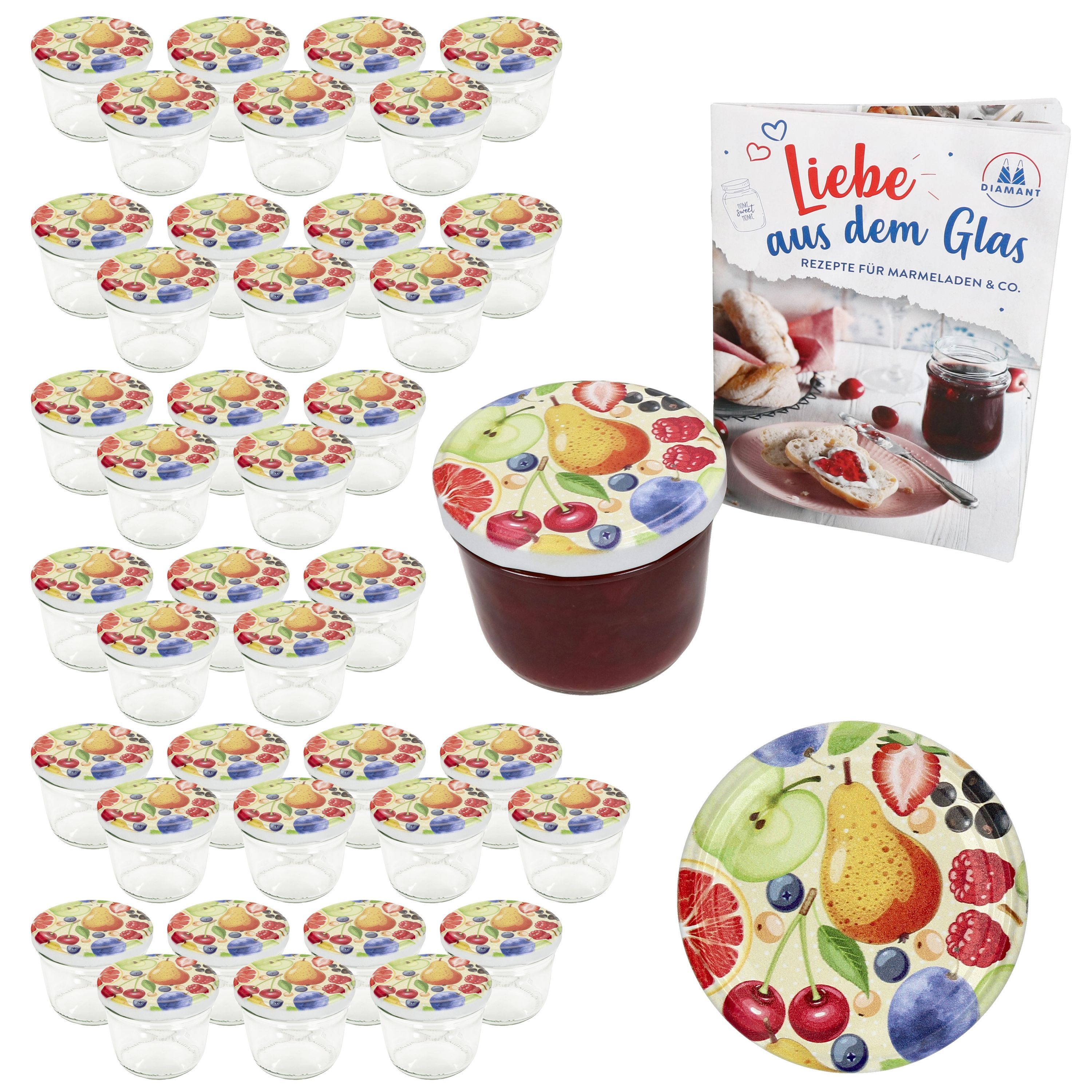 E-shop 40er Set Sturzglas 230 ml To 82 Comic-Obst Deckel . Rezeptheft