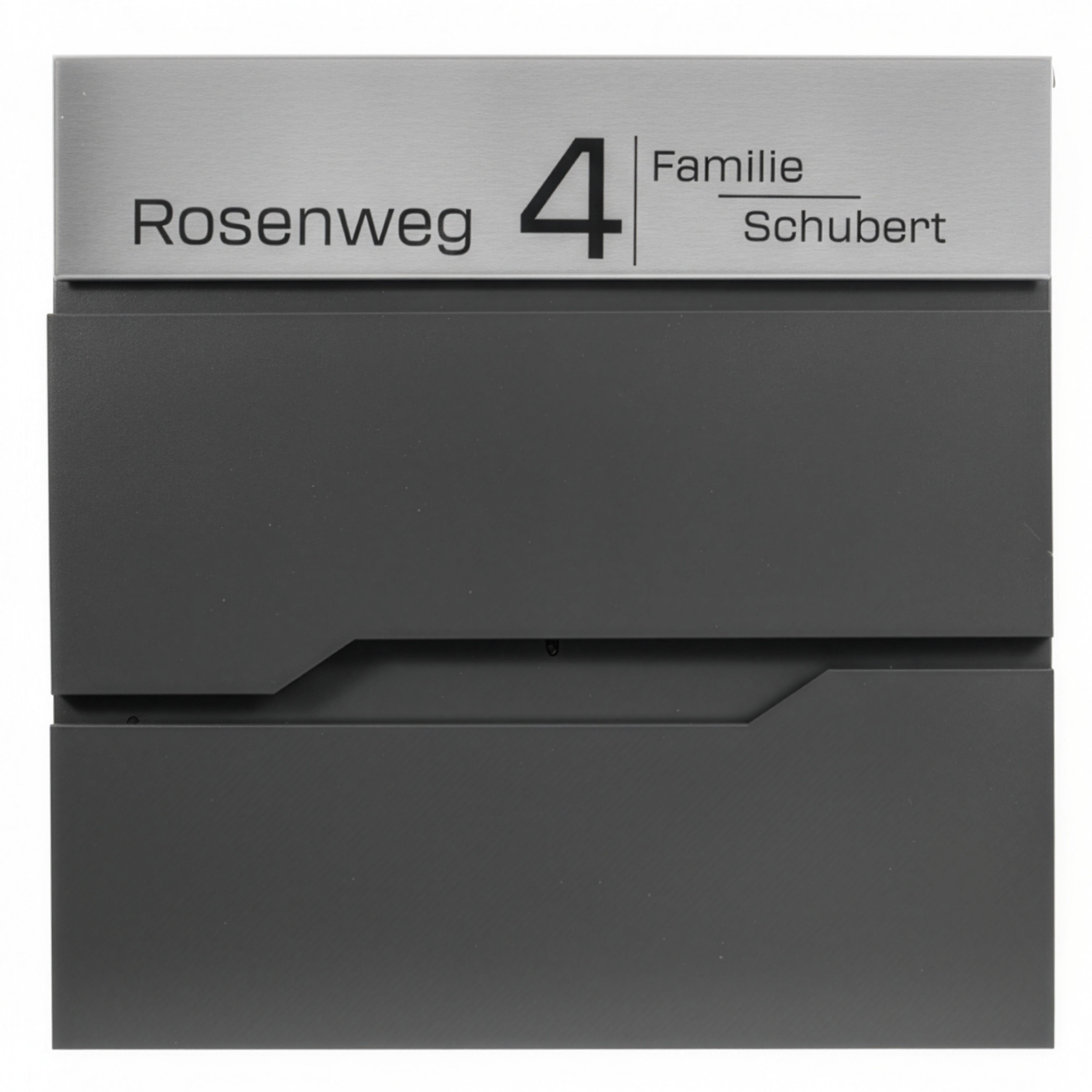 E-shop Briefkasten personalisiert, mit Name Straße Hausnummer, RAL7016, Zeitungsfach und 2 Schlüssel, V2A Namensschild, Postkasten, Wandbriefkasten